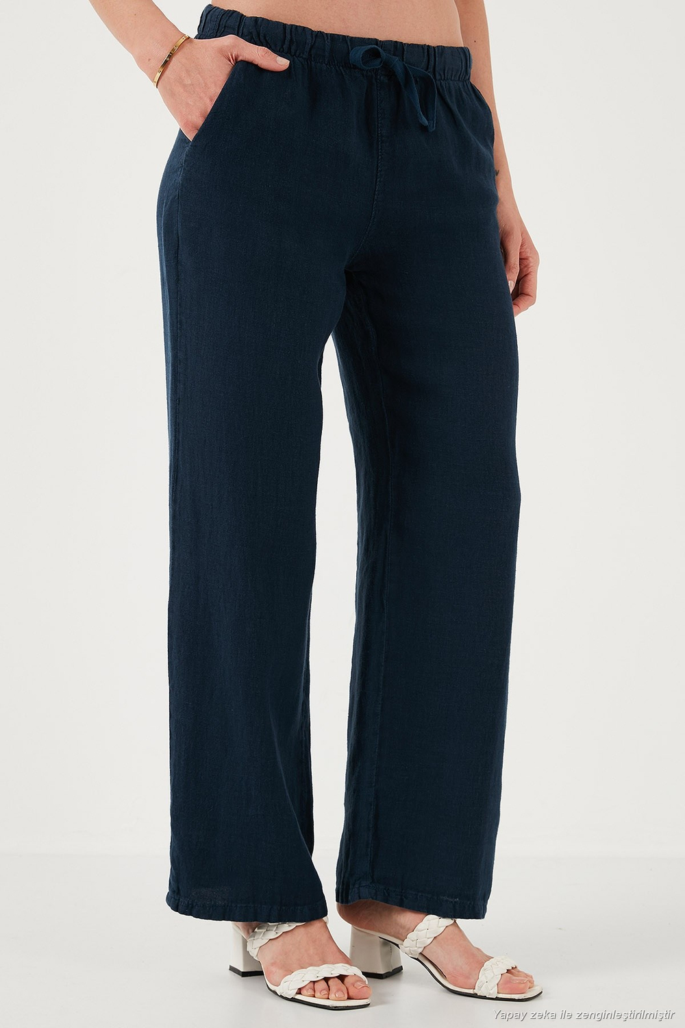 Relaxed Fit Normal Bel Geniş Paça Çİft Cepli Keten Kadın Pantolon 668YP4991 LACİVERT