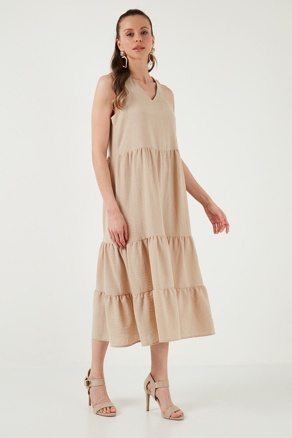 Relaxed Fit V Yaka Volanlı Midi Kadın Elbise 611EL011 BEJ