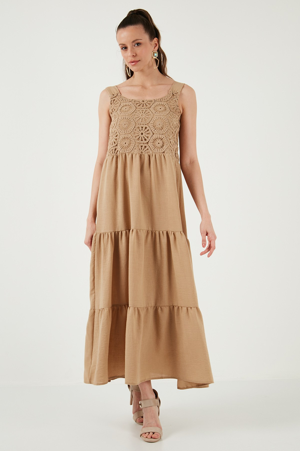Relaxed Fit Volanlı Uzun Kadın Elbise 611EL010 VİZON
