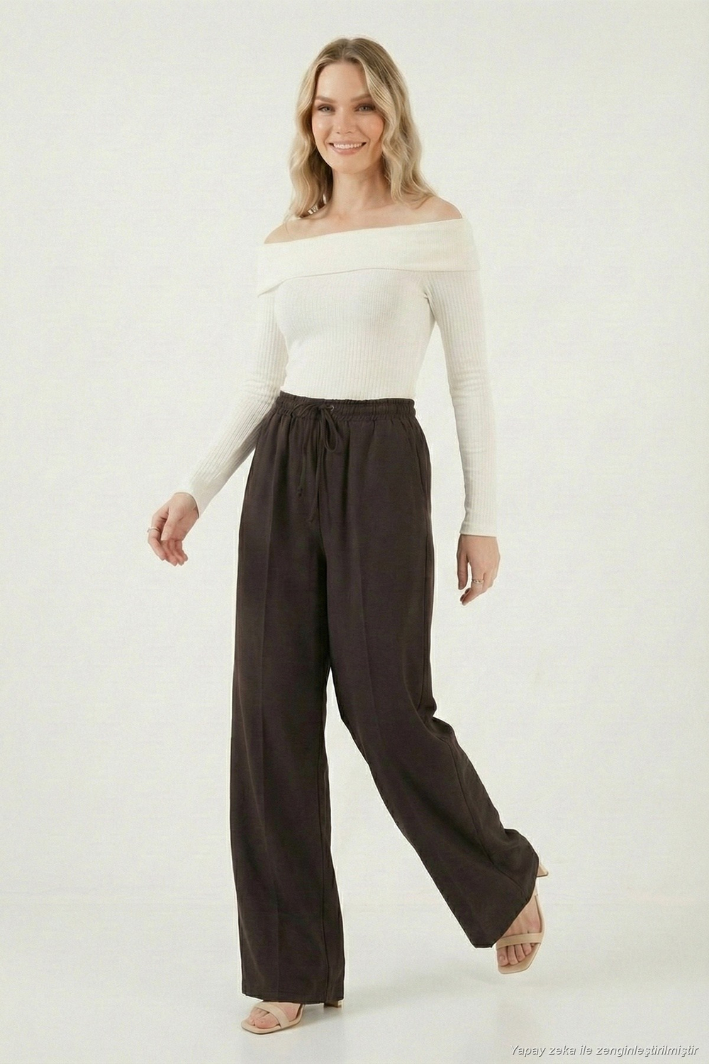 Relaxed Fit Yüksek Bel Bol Paça Bağlamalı Kadın Pantolon 6923874 KAHVE