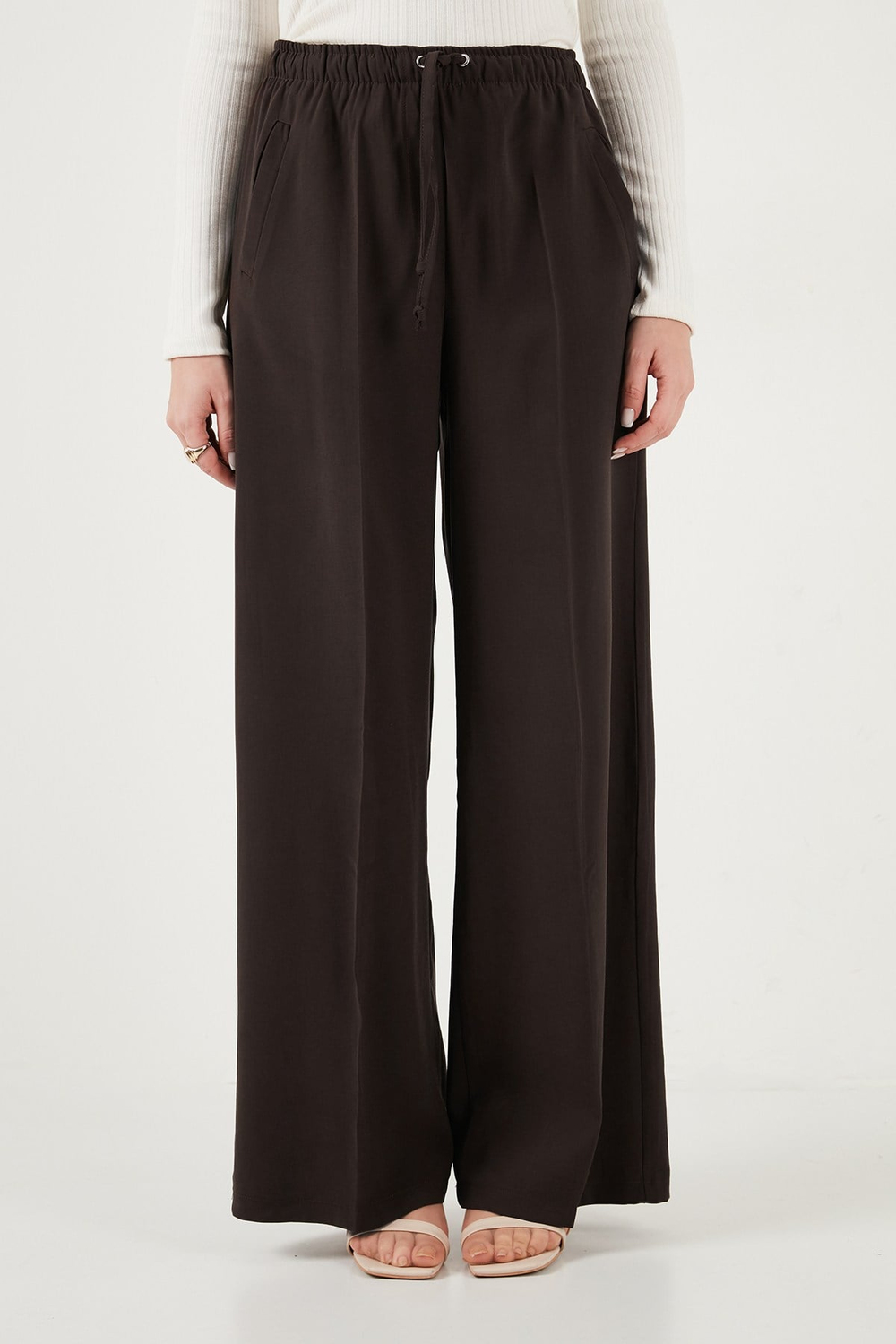 Relaxed Fit Yüksek Bel Bol Paça Bağlamalı Kadın Pantolon 6923874 KAHVE