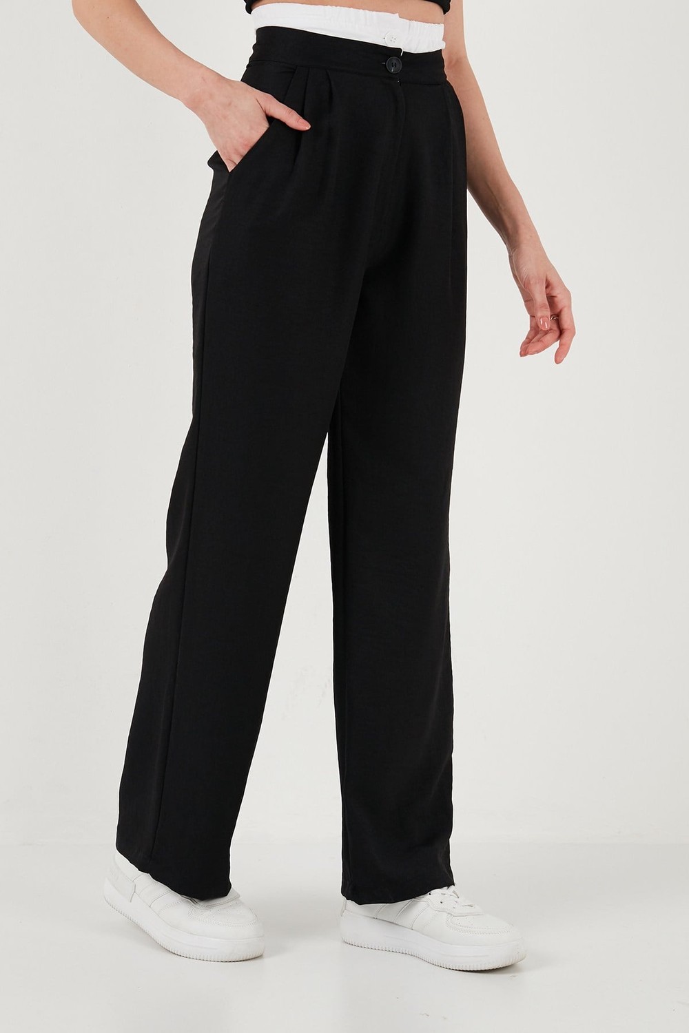 Relaxed Fit Yüksek Bel Bol Paça Kadın Pantolon 673P1012 SİYAH
