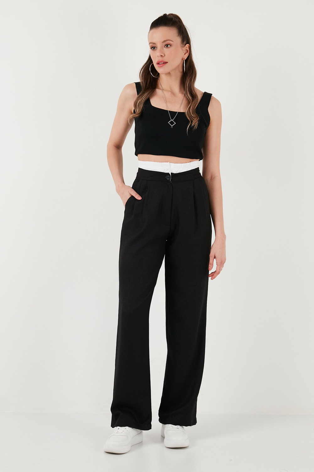 Relaxed Fit Yüksek Bel Bol Paça Kadın Pantolon 673P1012 SİYAH