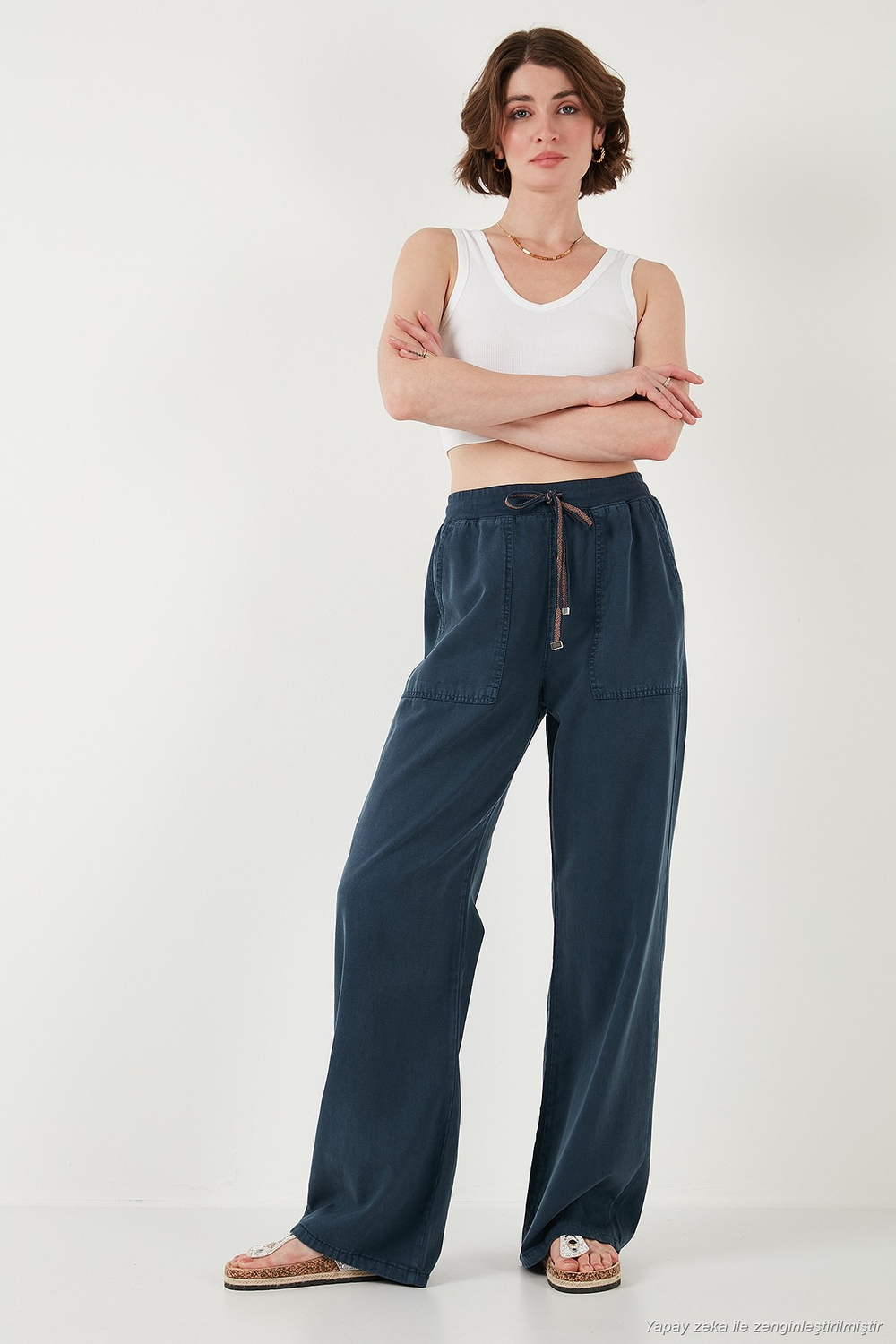 Relaxed Fit Yüksek Bel Bol Paça Kadın Pantolon 668YP5040 LACİVERT