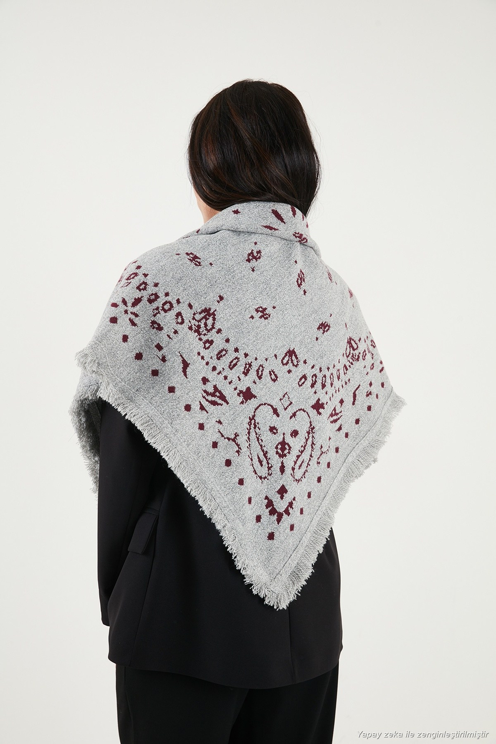 Saçaklı Etnik Desenli 100 x 100 cm Kadın Şal 6941302 GRİ-BORDO