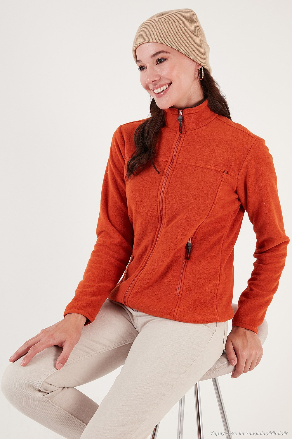 Slim Fit Anti-Pilling Tüylenme Yapmayan Fermuarlı Cepli Hırka 2 li Paket Kadın Polar 5907002S2 Haki-Oranj