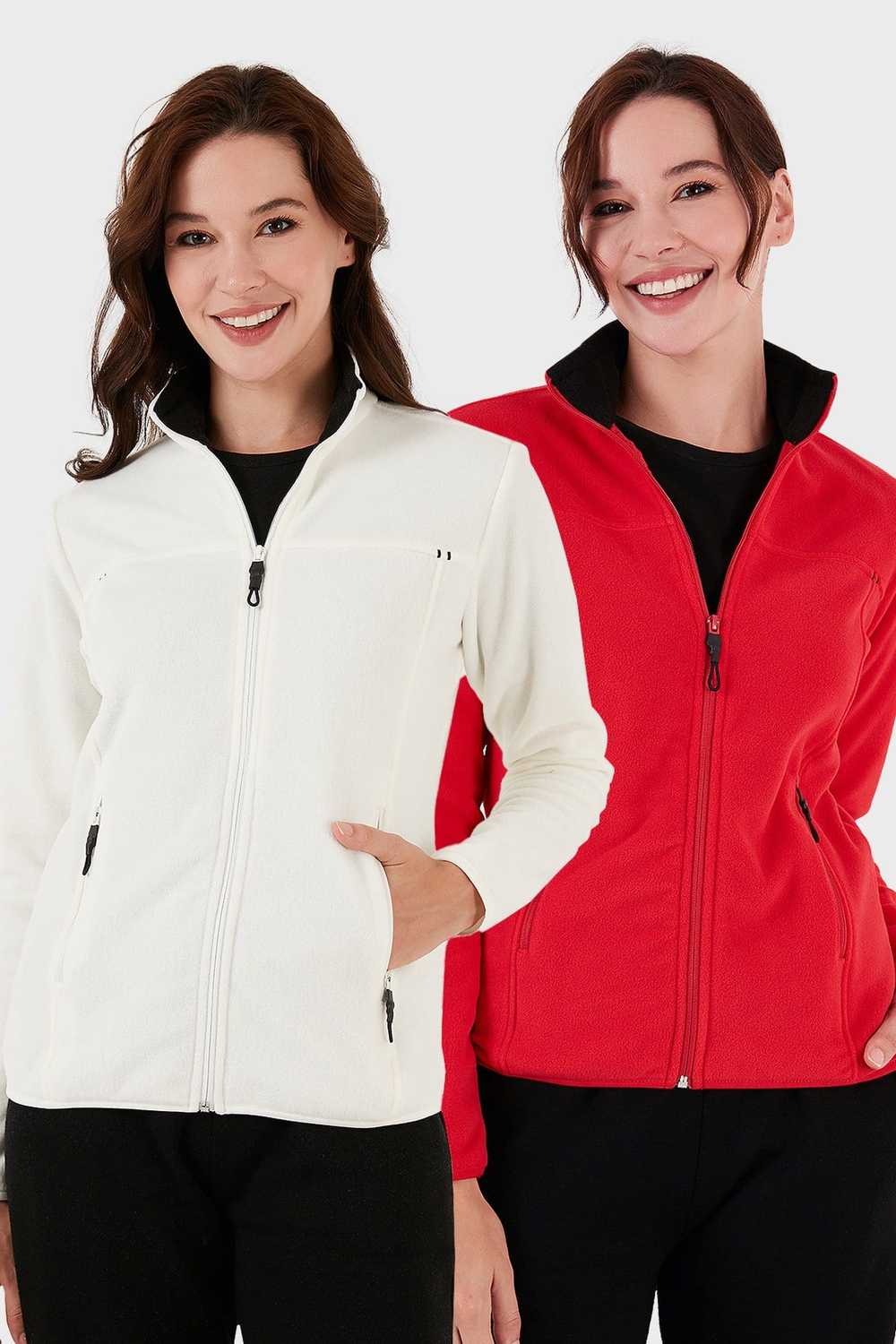 Slim Fit Anti-Pilling Tüylenme Yapmayan Fermuarlı Cepli Hırka 2 li Paket Kadın Polar 5907002S2 EKRU-KIRMIZI