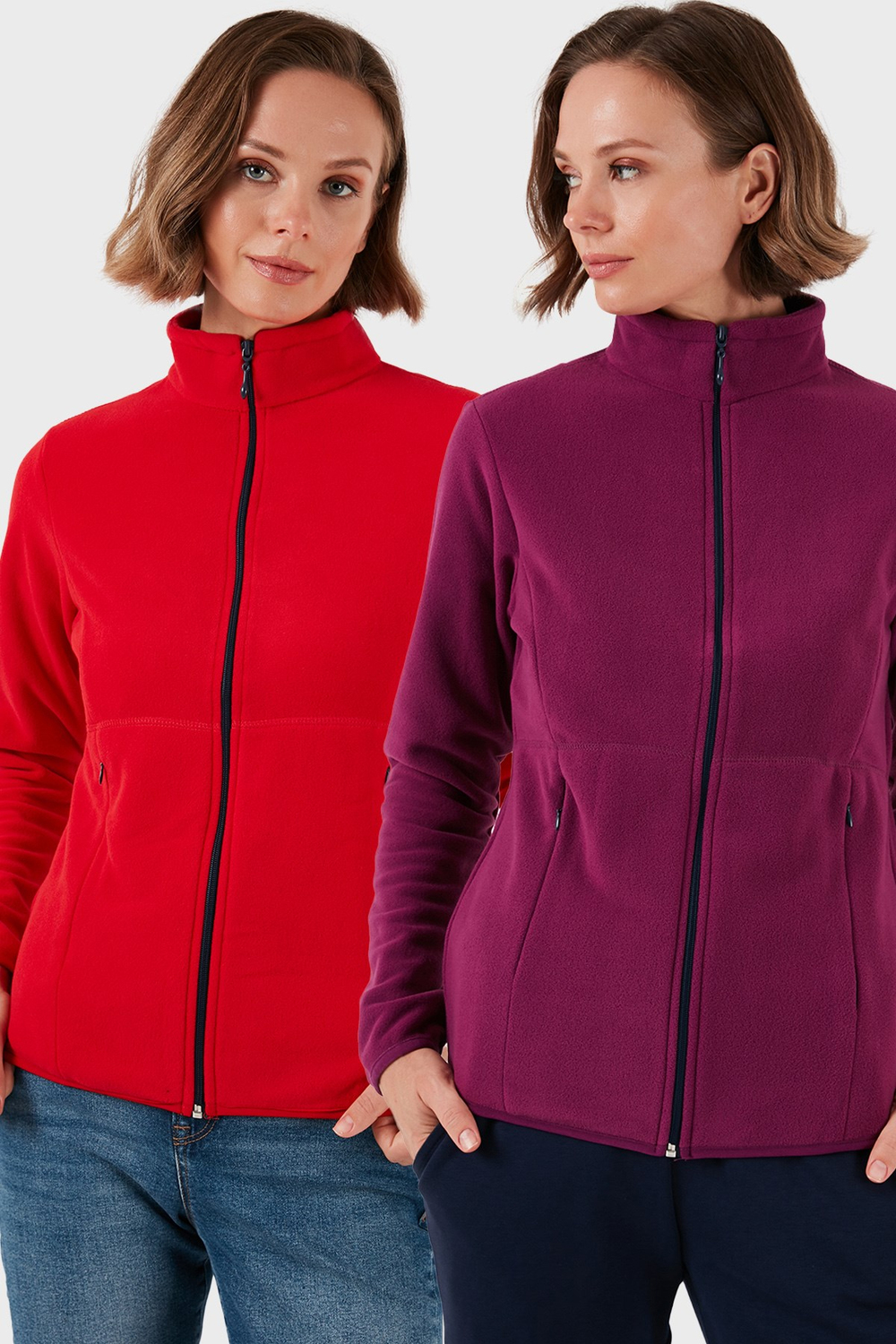 Slim Fit Anti-Pilling Tüylenme Yapmayan Fermuarlı 2li Paket Polar Kadın Hırka 5907012S2 KIRMIZI-MOR