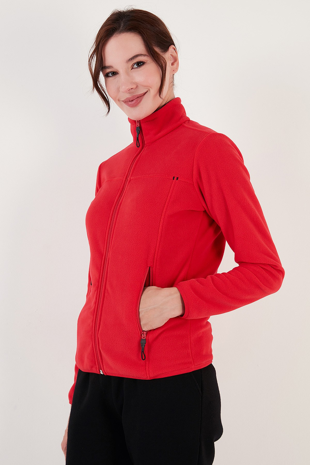 Slim Fit Anti-Pilling Tüylenme Yapmayan Fermuarlı Cepli  Hırka Kadın Polar 5907002 KIRMIZI