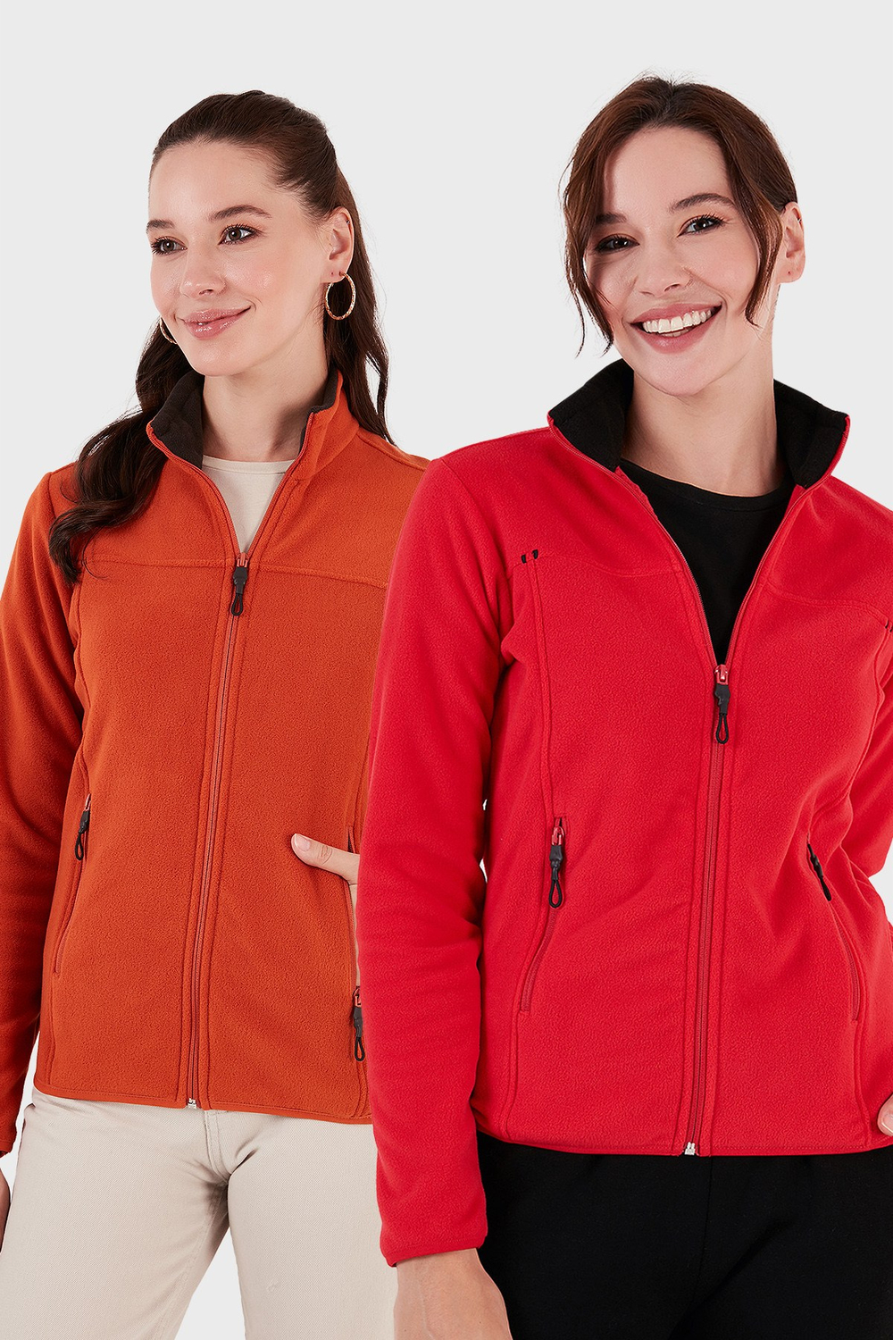 Slim Fit Anti-Pilling Tüylenme Yapmayan Fermuarlı Cepli Hırka 2 li Paket Kadın Polar 5907002S2 Kırmızı-Orange