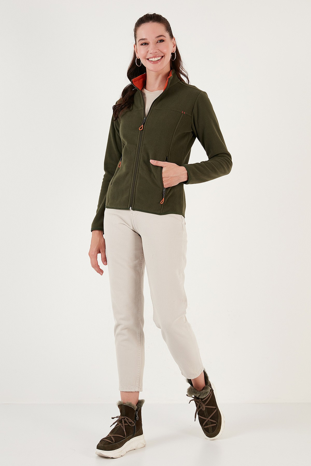 Slim Fit Anti-Pilling Tüylenme Yapmayan Fermuarlı Cepli  Hırka Kadın Polar 5907002 HAKİ