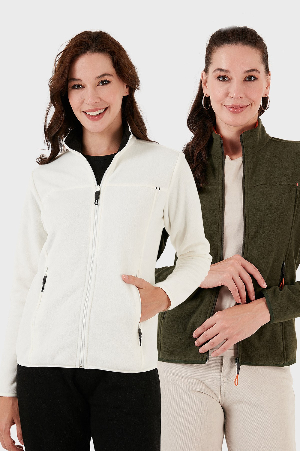 Slim Fit Anti-Pilling Tüylenme Yapmayan Fermuarlı Cepli Hırka 2 li Paket Kadın Polar 5907002S2 Ekru-Haki