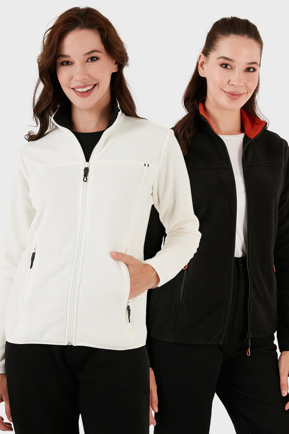 Slim Fit Anti-Pilling Tüylenme Yapmayan Fermuarlı Cepli Hırka 2' li Paket Kadın Polar 5907002S2 EKRU-SİYAH