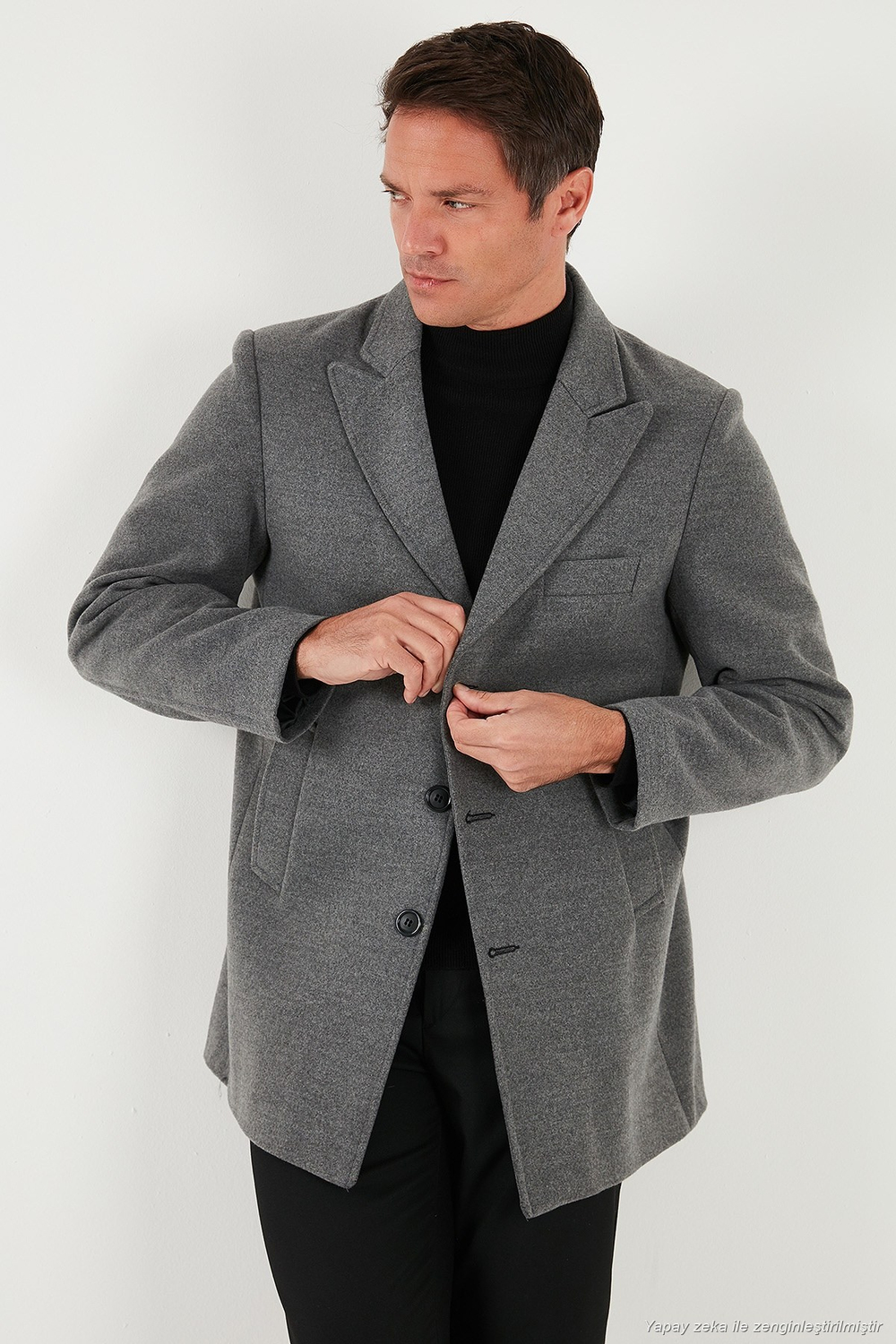 Slim Fit Apaş Yaka Astarlı Kaşe Erkek Kaban 584K1217 AÇIK GRİ