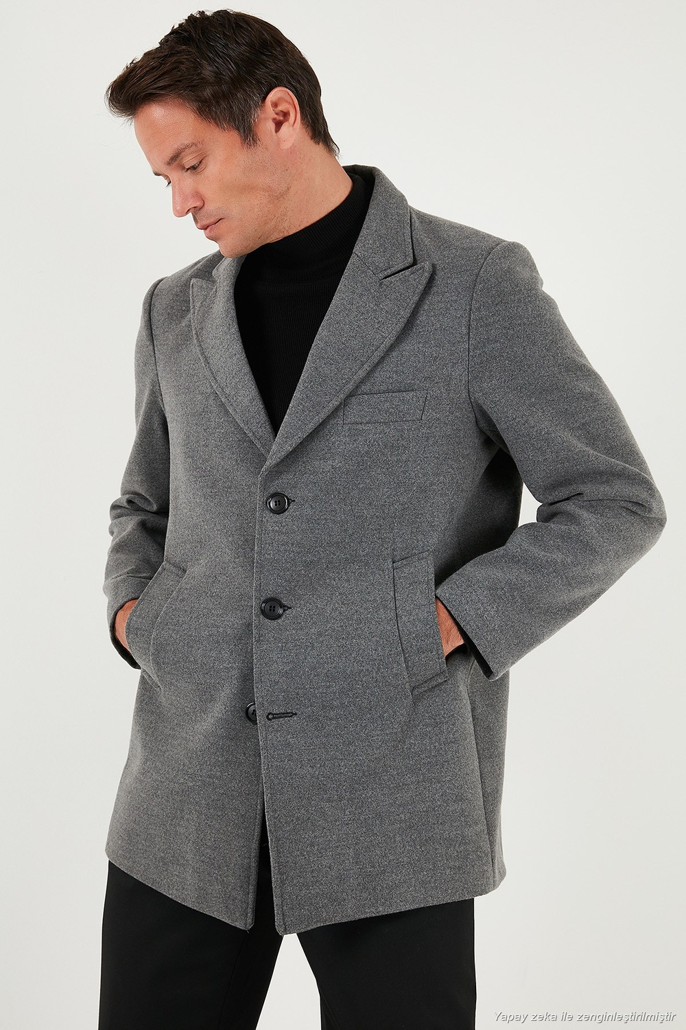 Slim Fit Apaş Yaka Astarlı Kaşe Erkek Kaban 584K1217 AÇIK GRİ