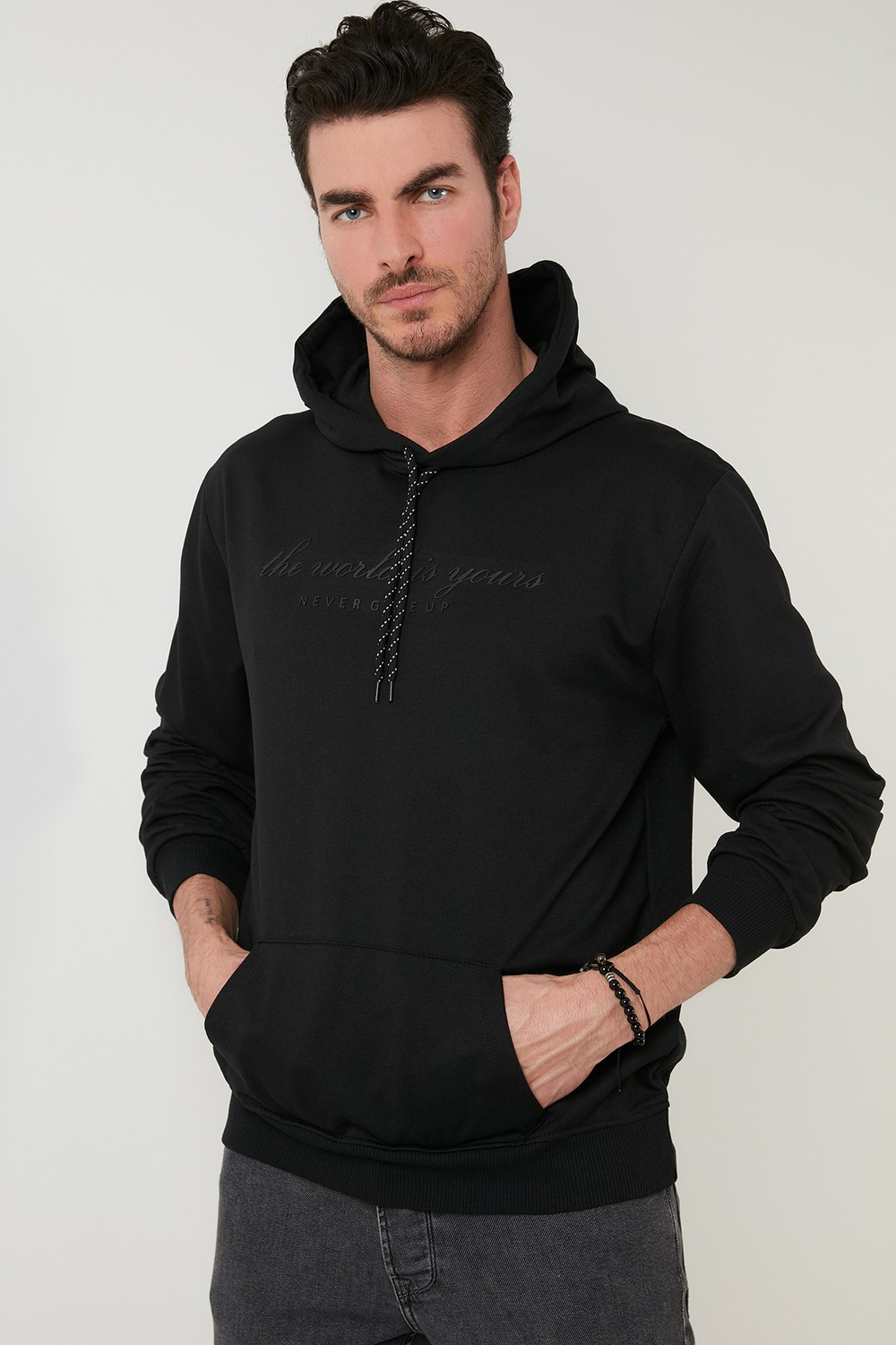 Slim Fit Baskılı Kapüşonlu Kanguru Cepli Pamuklu Erkek Sweat 5414018 SİYAH