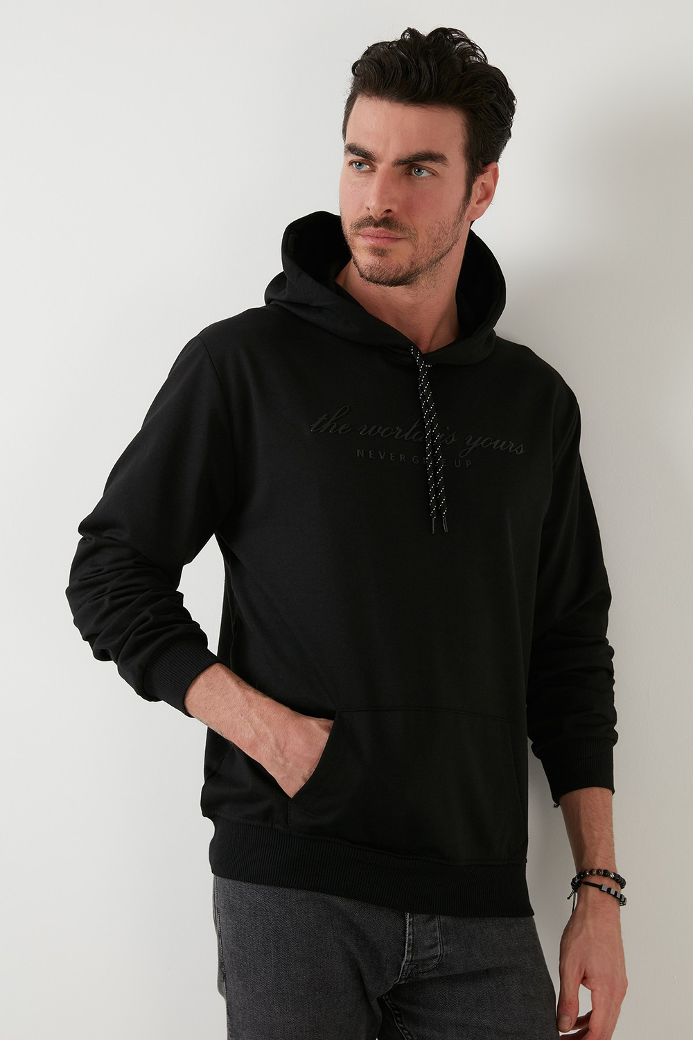 Slim Fit Baskılı Kapüşonlu Kanguru Cepli Pamuklu Erkek Sweat 5414018 SİYAH