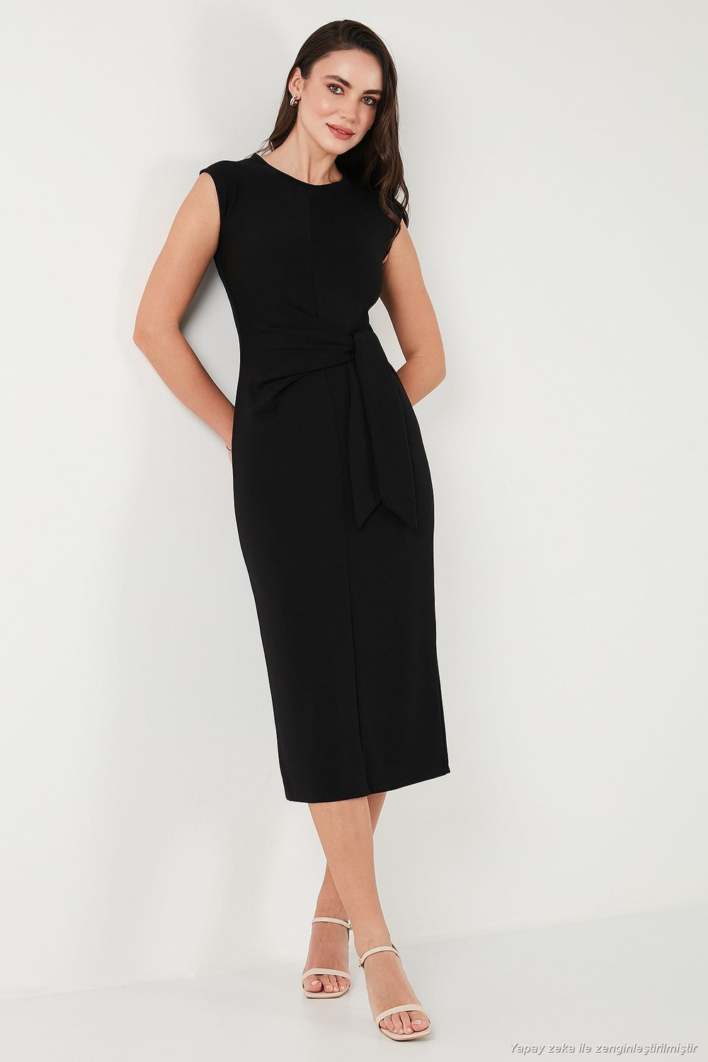 Slim Fit Bisiklet Yaka Bağlama Detaylı Midi Kadın Elbise 5866164 SİYAH