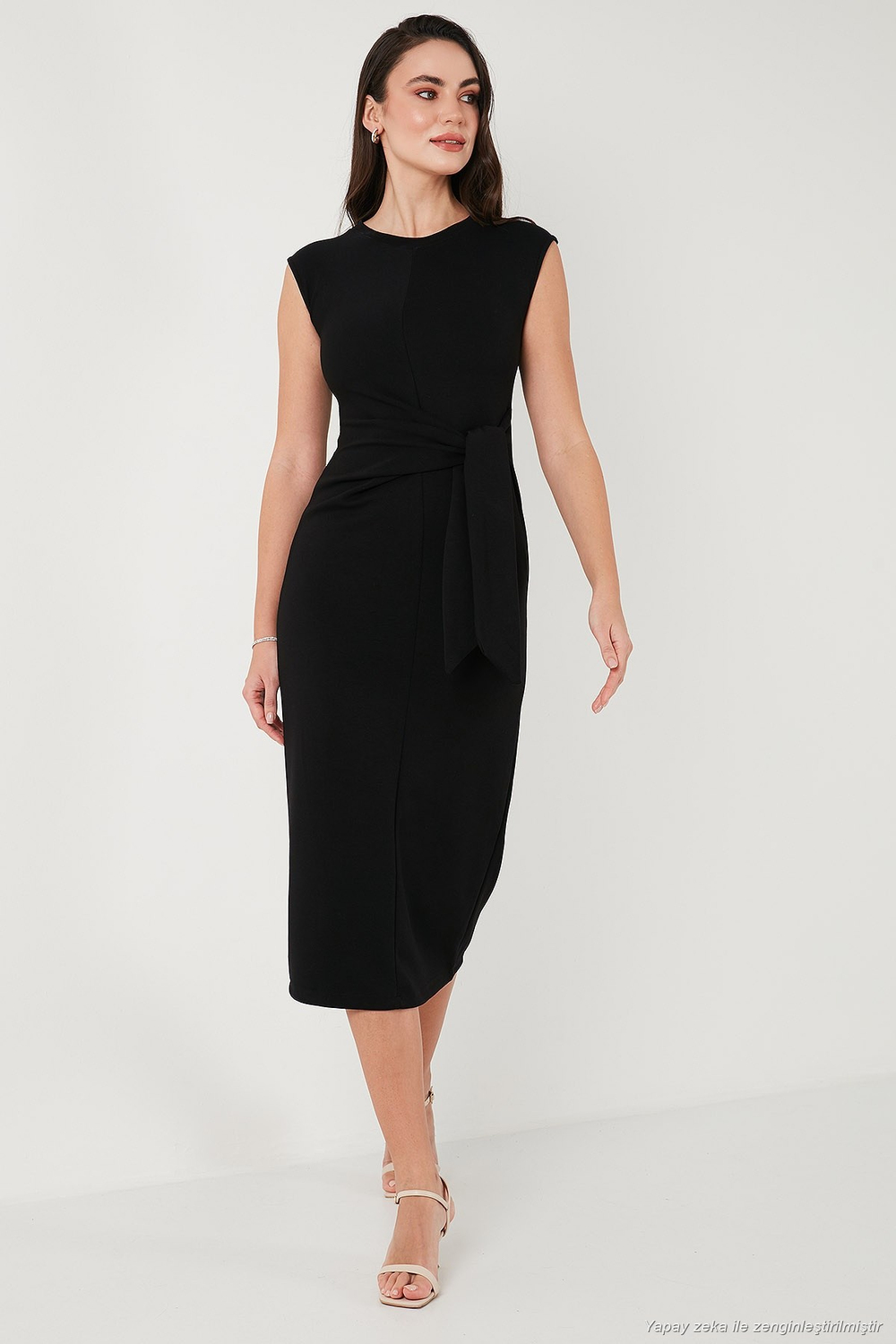 Slim Fit Bisiklet Yaka Bağlama Detaylı Midi Kadın Elbise 5866164 SİYAH