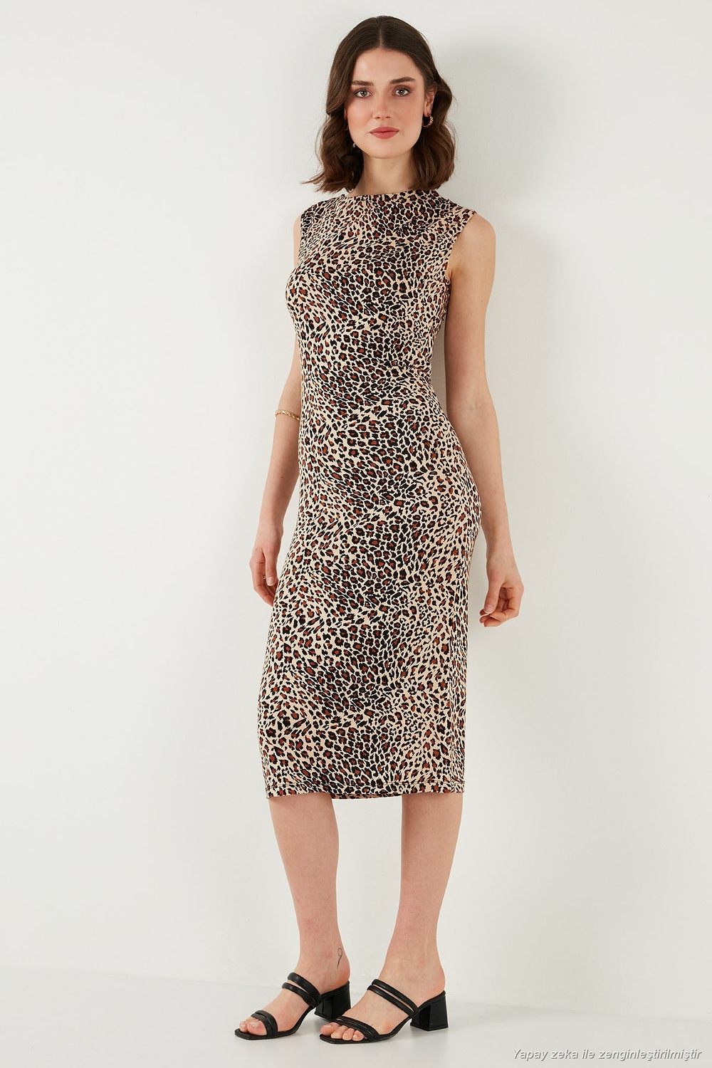 Slim Fit Bisiklet Yaka Kolsuz Midi Boy Kadın Elbise 5866251 LEOPAR