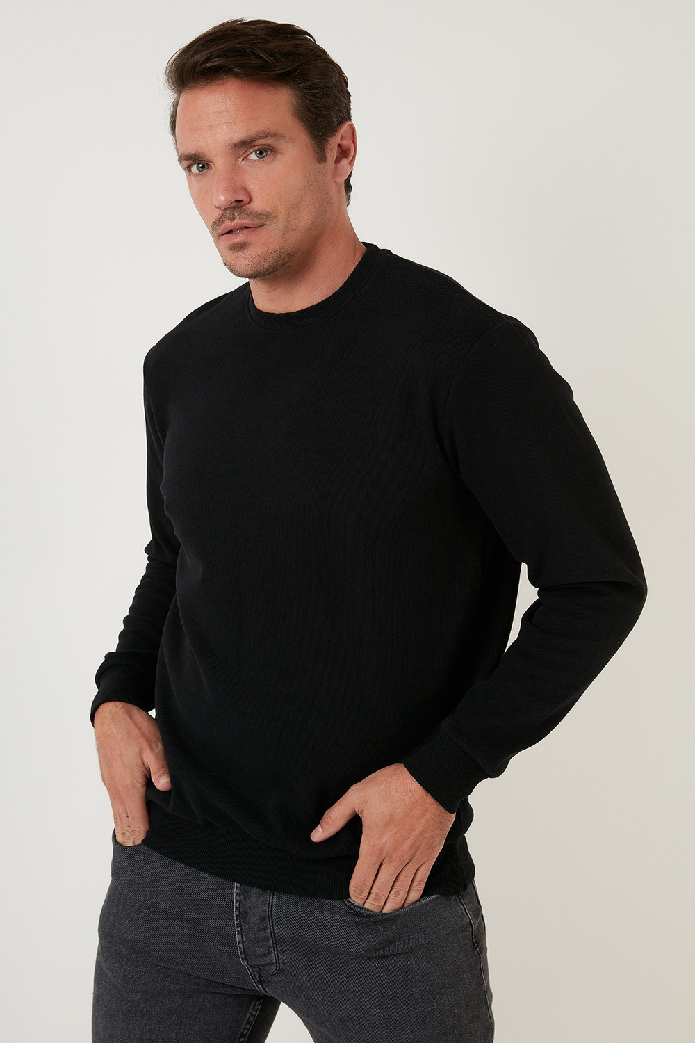 Slim Fit Bisiklet Yaka Pamuklu Erkek Kazak 456201 SİYAH