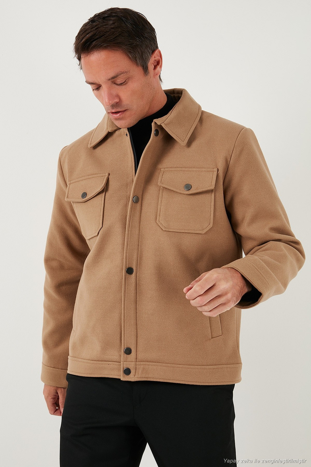 Slim Fit Ceket Yaka Astarlı Kaşe Erkek Kaban 58400347 CAMEL