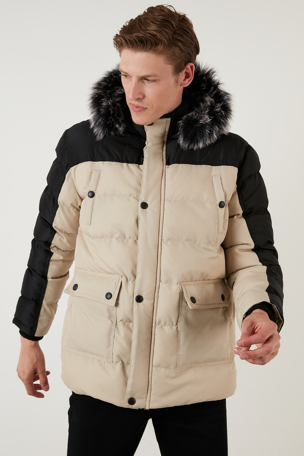 Slim Fit Çıkarılabilir Suni Tüylü Kapüşonlu Şişme Erkek Mont 5760076 SİYAH-TAŞ