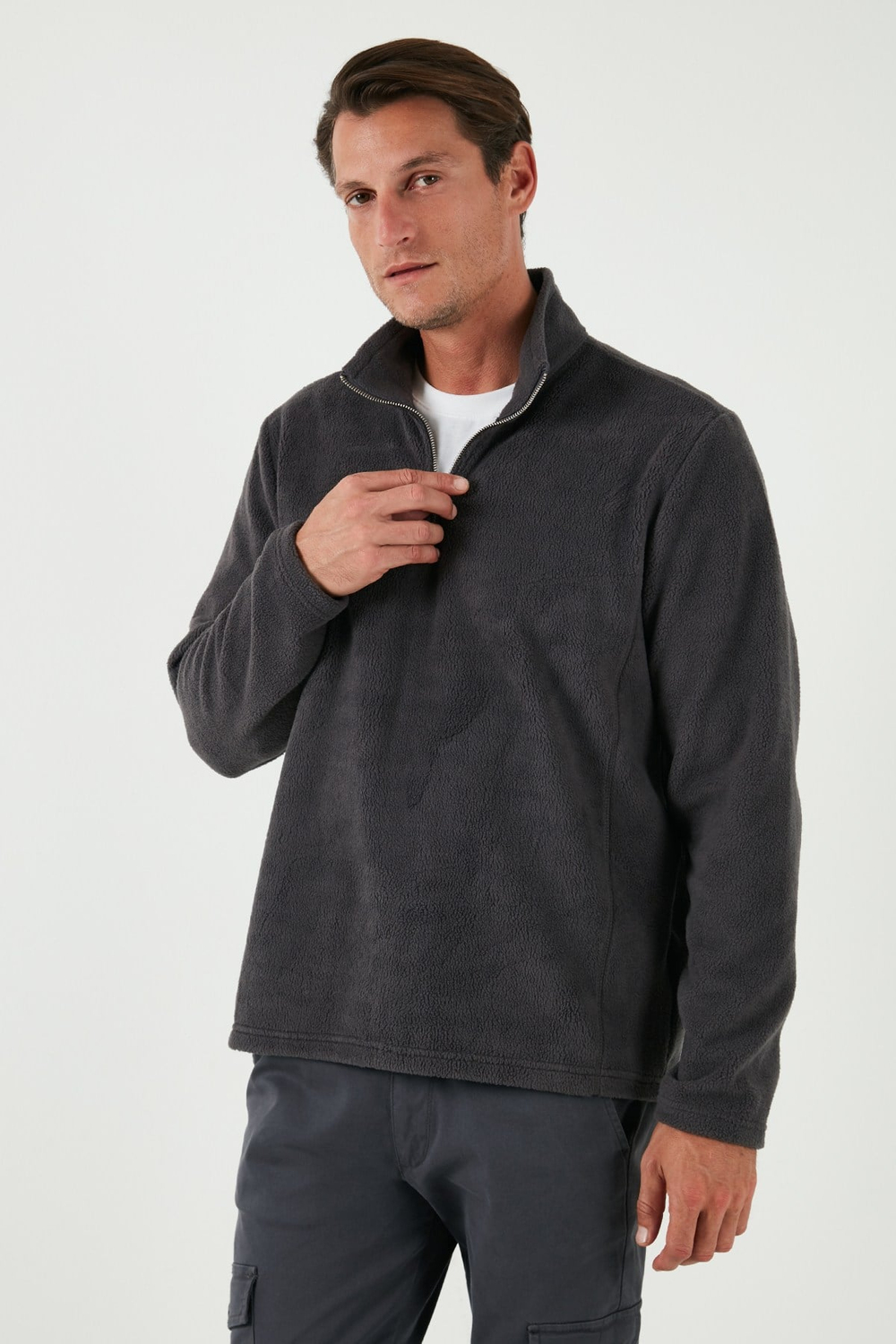 Slim Fit Dik Yaka Soğuk Geçirmez Kışlık Şardonlu Erkek Polar 5906053 ANTRASİT