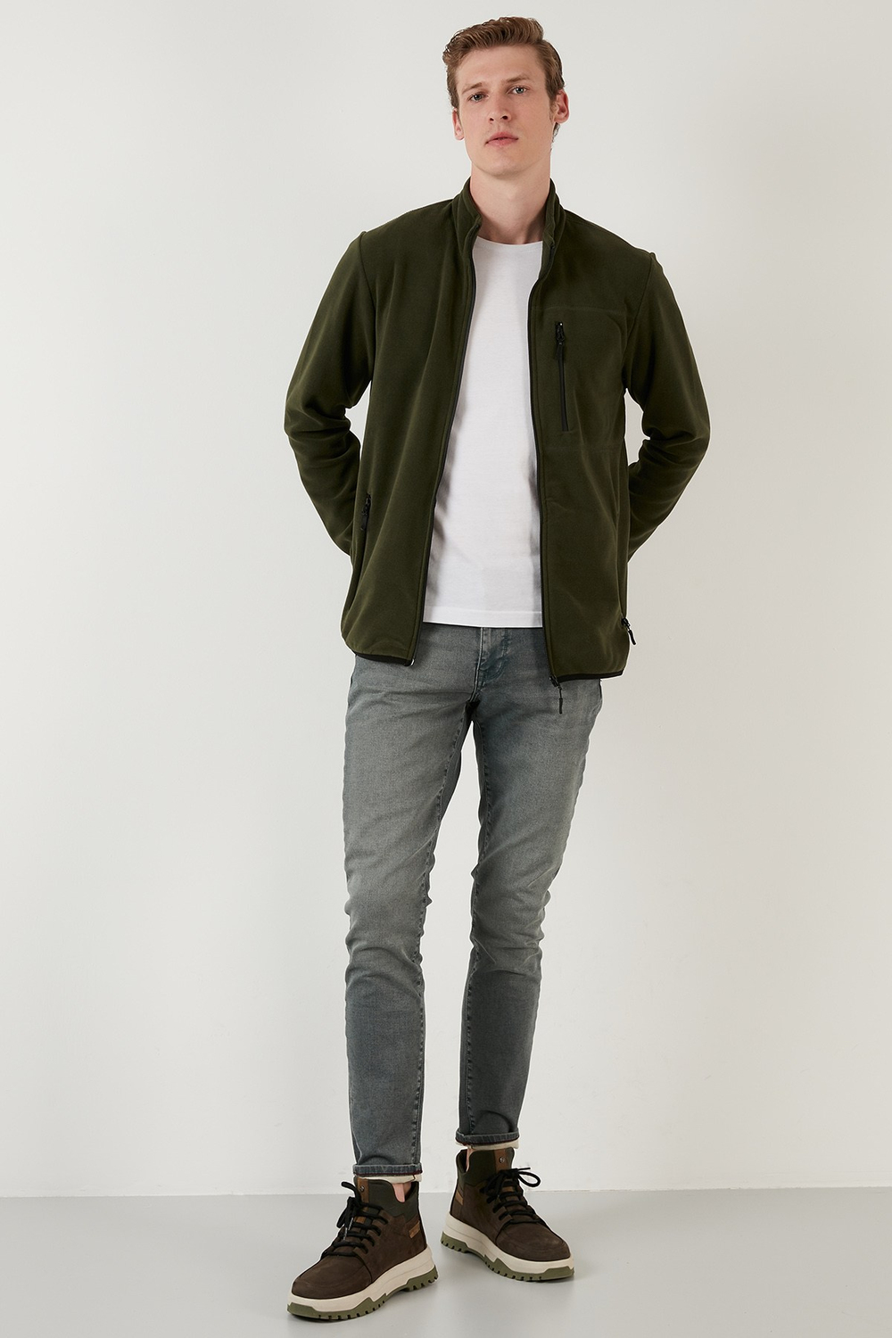 Slim Fit Fermuarlı Cepli Dik Yaka Soğuk Geçirmez Polar Erkek Hırka 5906028 HAKİ