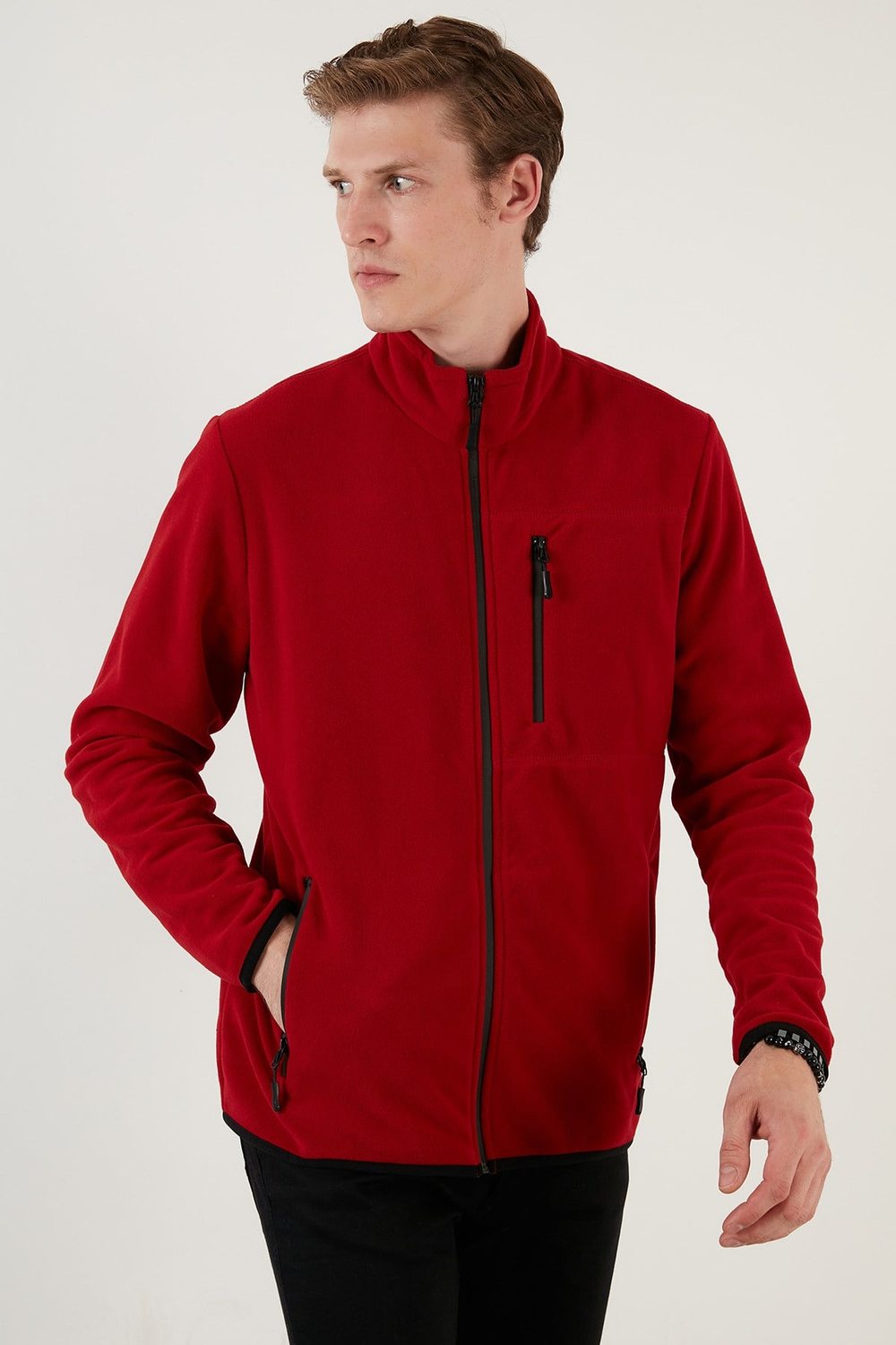 Slim Fit Fermuarlı Cepli Dik Yaka Soğuk Geçirmez Polar Erkek Hırka 5906028 BORDO