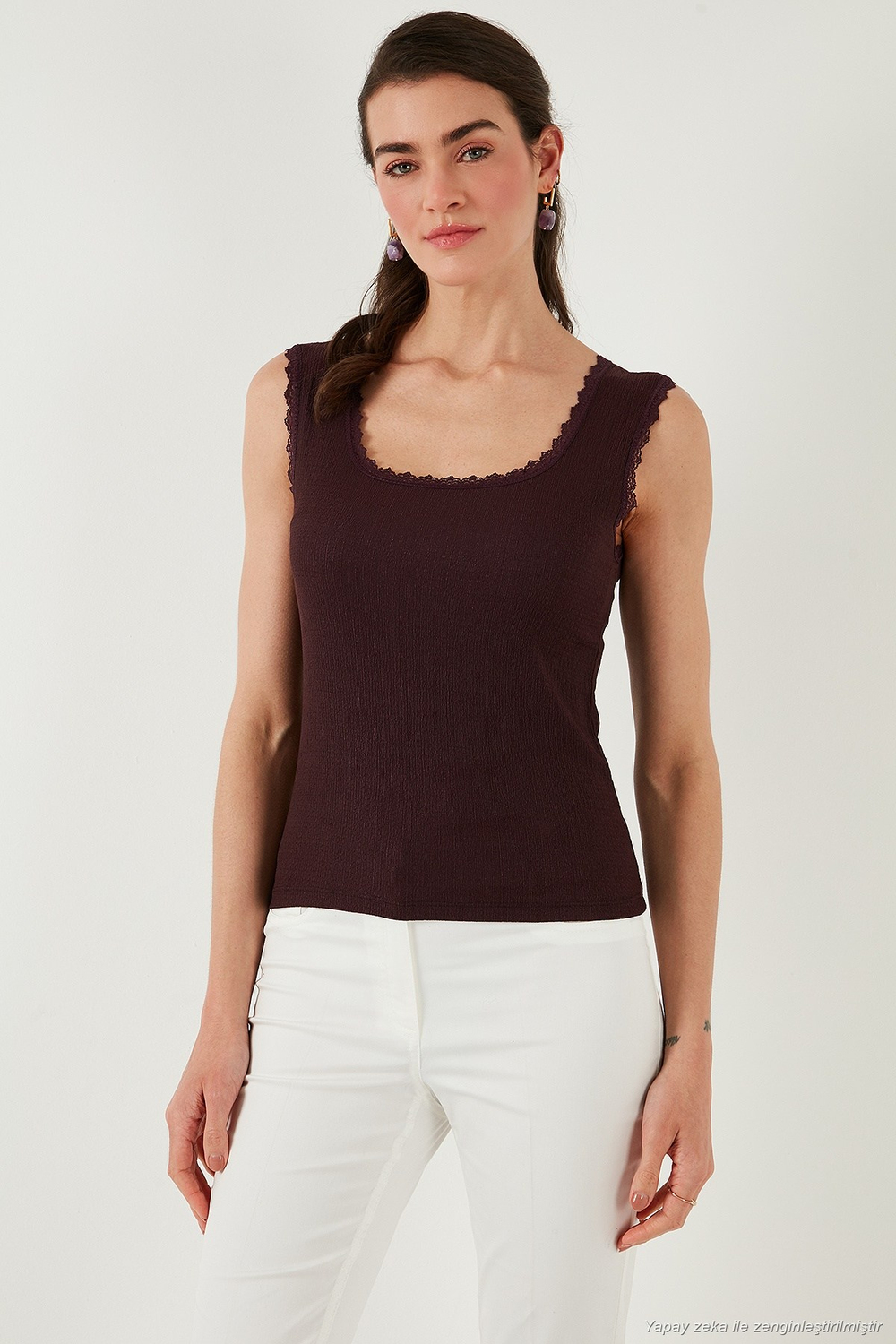 Slim Fit Kalın Askılı Dantelli Kare Yaka Bürümcük Kadın Atlet 5864979 VİŞNE