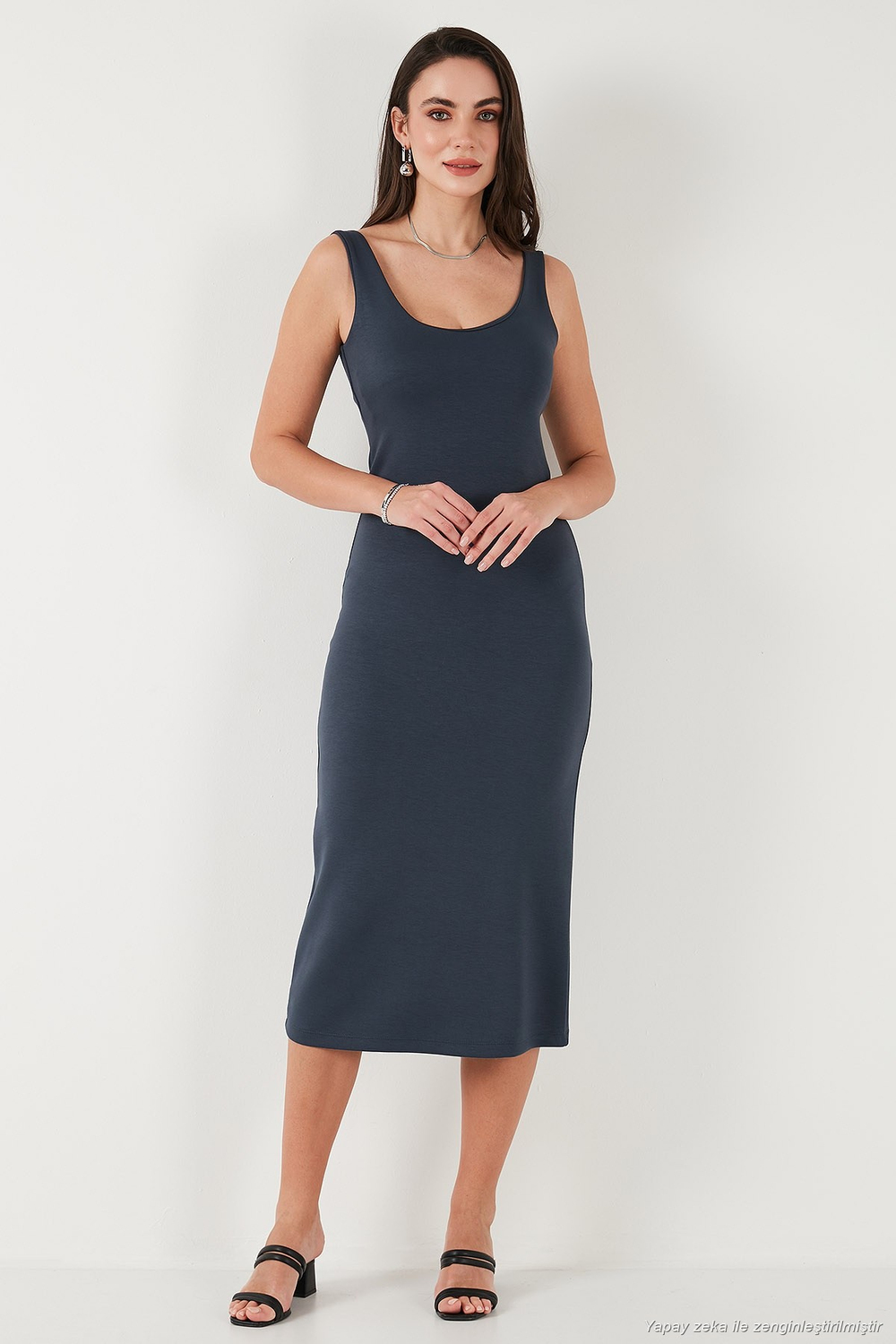 Slim Fit Kalın Askılı Midi Kadın Elbise 5866154 FÜME