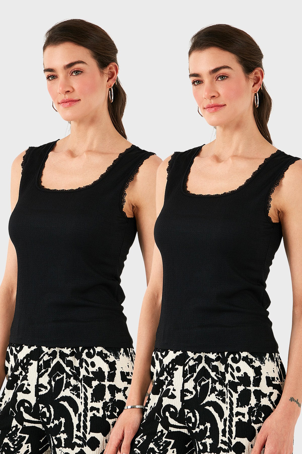 Slim Fit Kalın Dantelli Kare Yaka Bürümcük 2li Paket Kadın Atlet 5864979S2 SİYAH-SİYAH