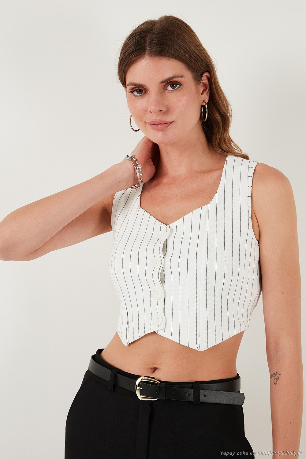 Slim Fit Kalp Yaka Düğmeli Kalın Askılı Crop Kadın Yelek 5865497 SİYAH ÇİZGİLİ