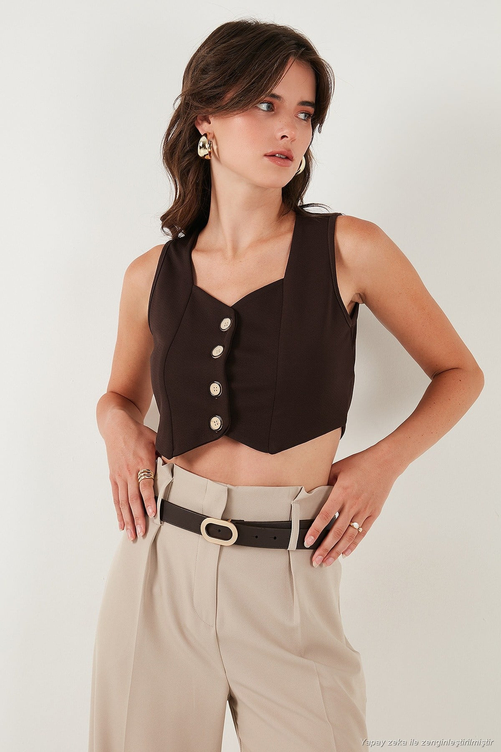 Slim Fit Kalp Yaka Düğmeli Kalın Askılı Crop Kadın Yelek 5865497 KAHVE