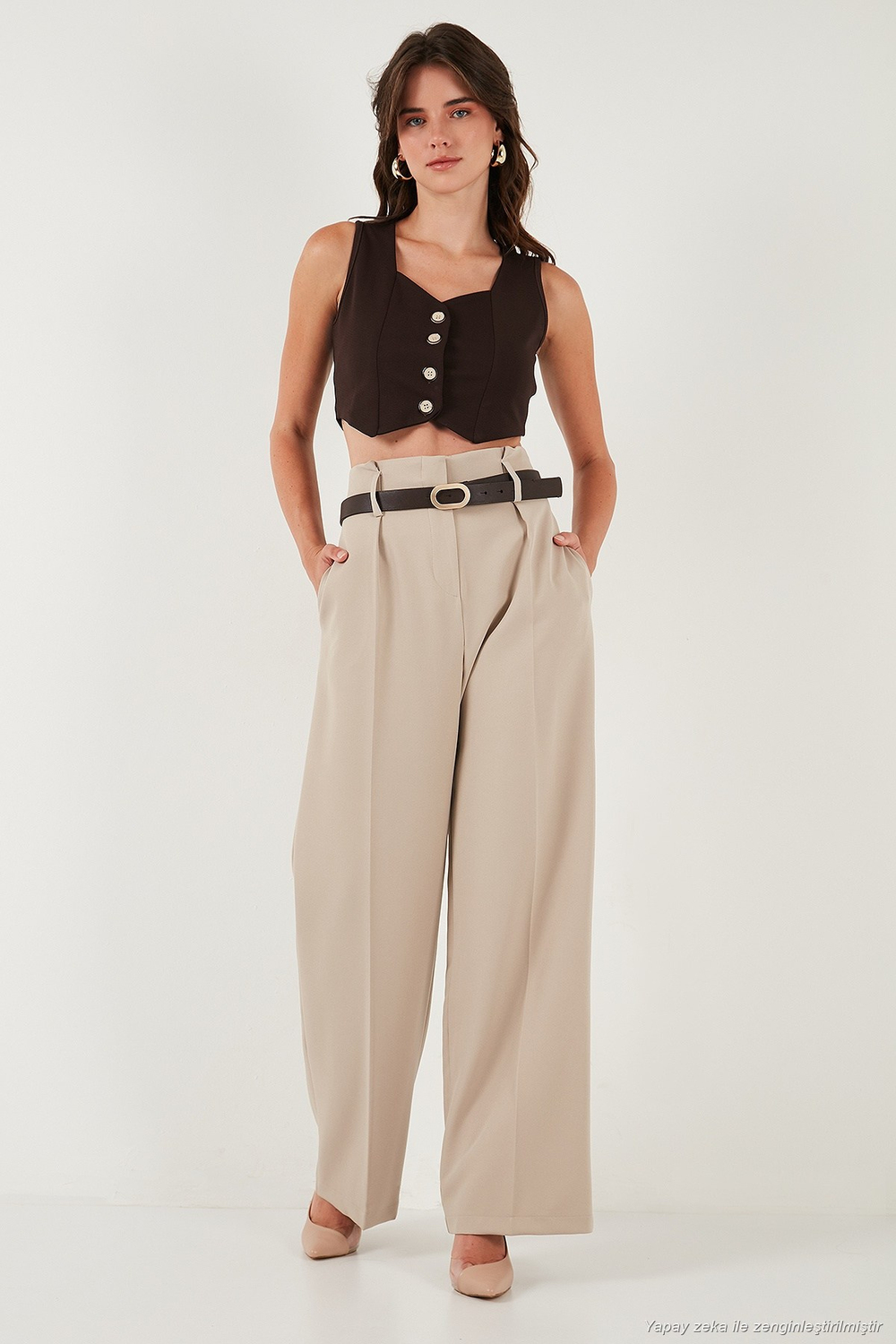 Slim Fit Kalp Yaka Düğmeli Kalın Askılı Crop Kadın Yelek 5865497 KAHVE