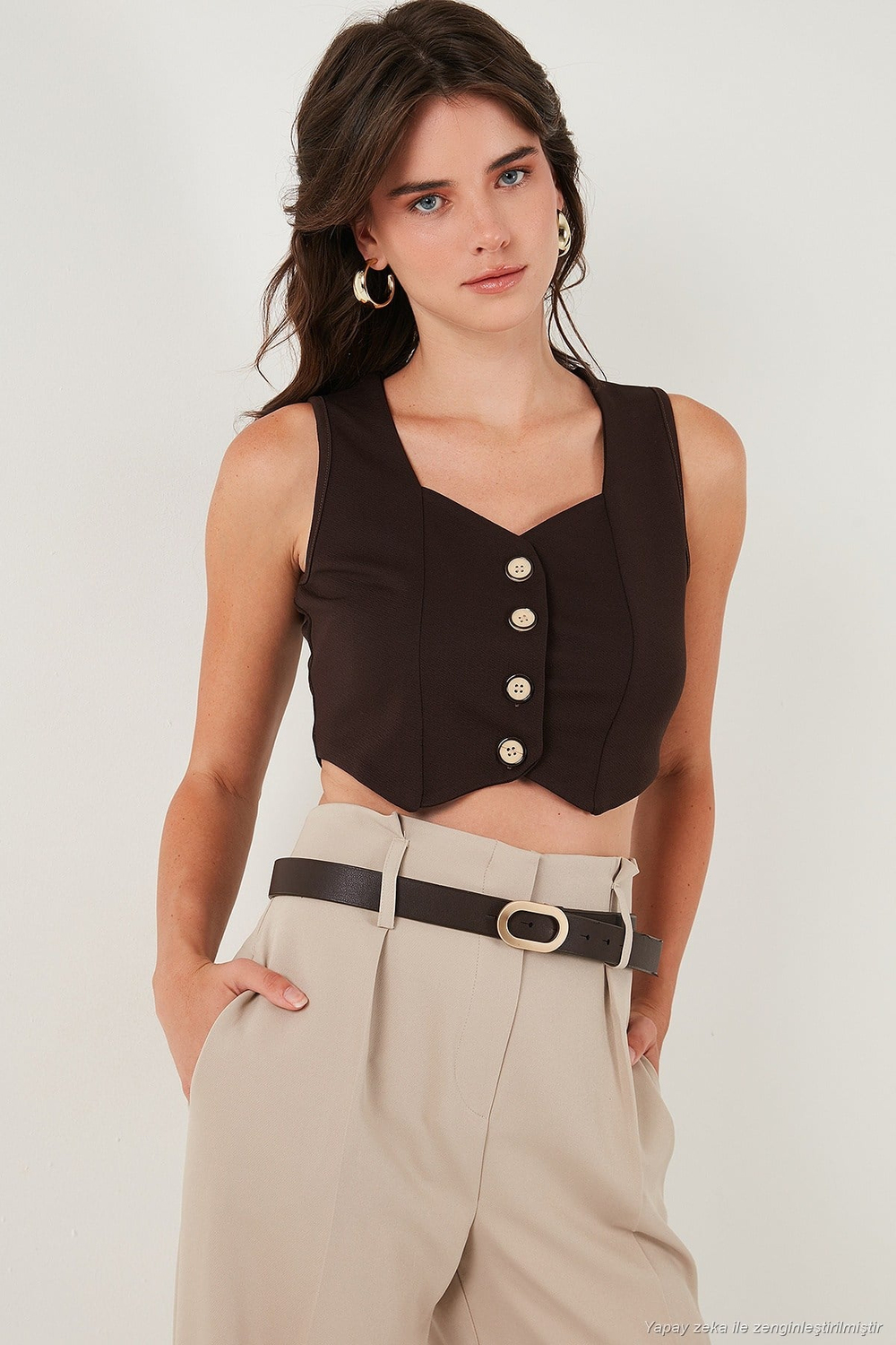 Slim Fit Kalp Yaka Düğmeli Kalın Askılı Crop Kadın Yelek 5865497 KAHVE