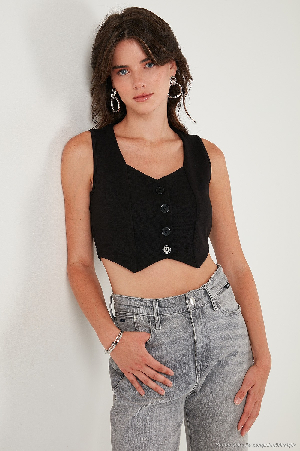 Slim Fit Kalp Yaka Düğmeli Kalın Askılı Crop Kadın Yelek 5865497 SİYAH