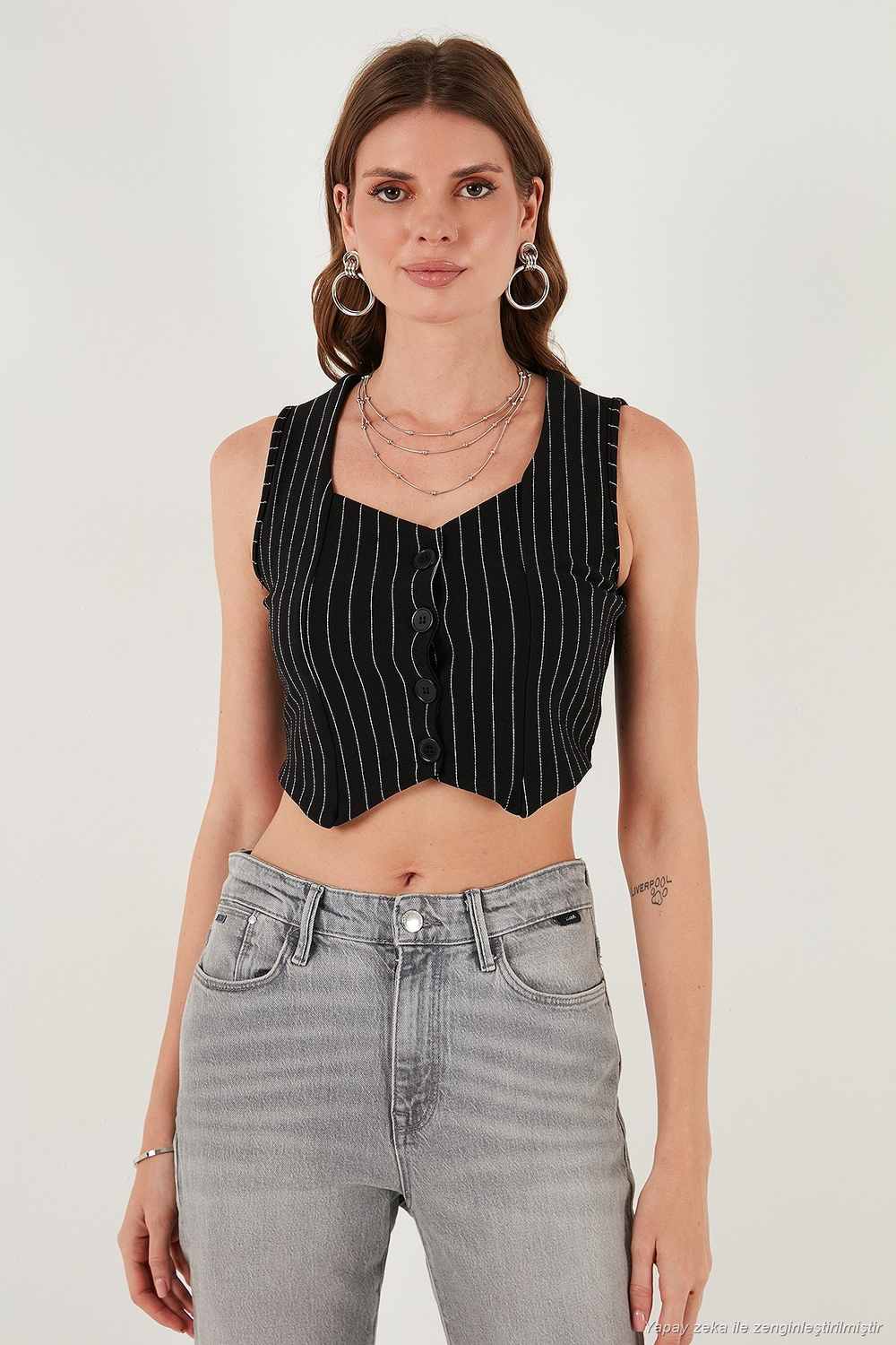 Slim Fit Kalp Yaka Düğmeli Kalın Askılı Crop Kadın Yelek 5865497 BEYAZ-SİYAH
