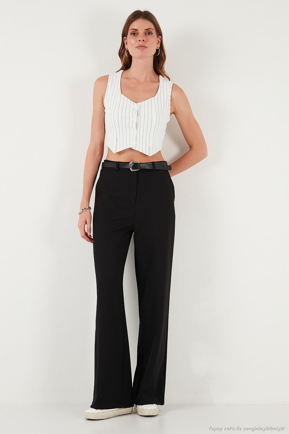 Slim Fit Kalp Yaka Düğmeli Kalın Askılı Crop Kadın Yelek 5865497 SİYAH ÇİZGİLİ