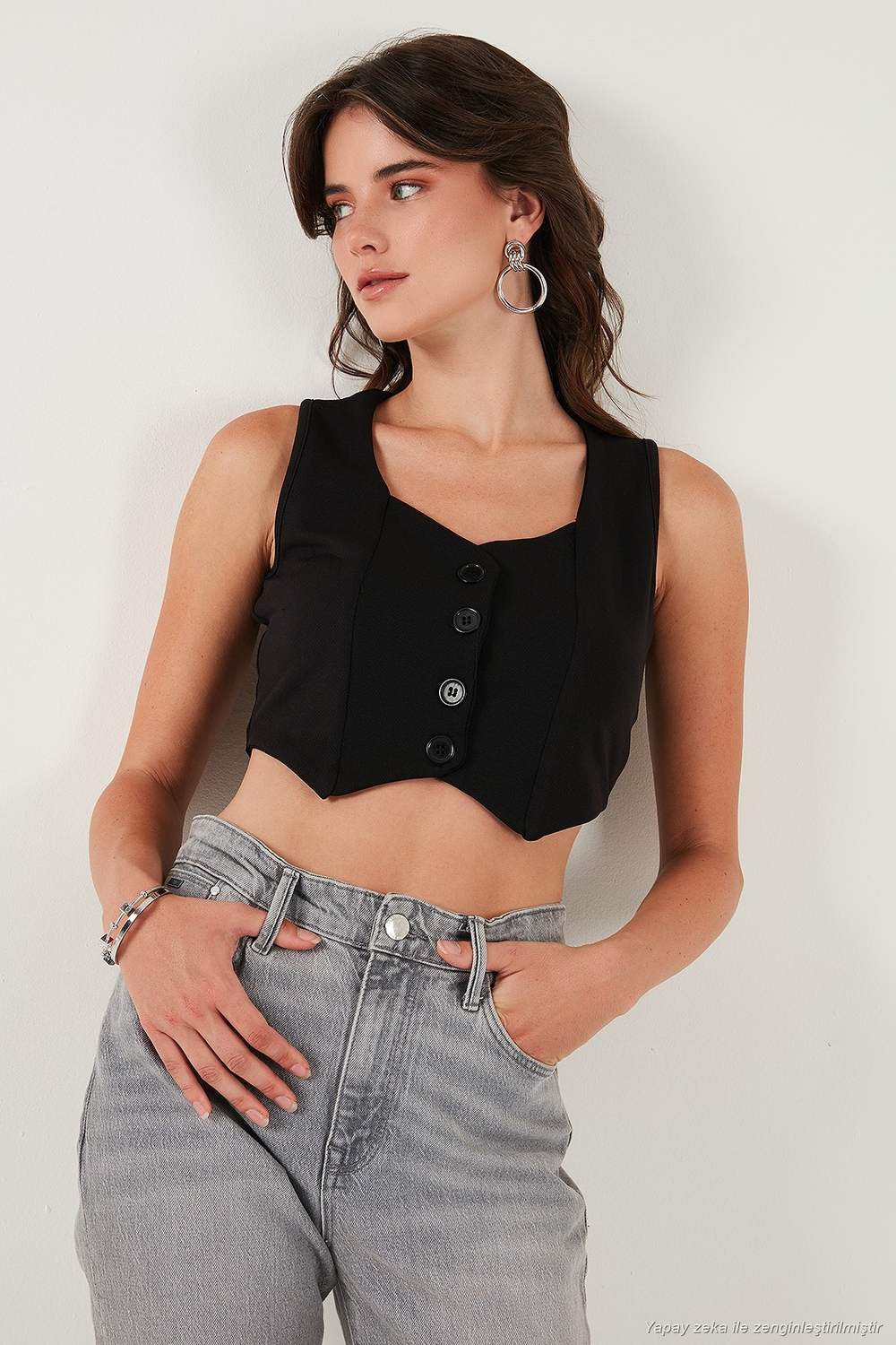 Slim Fit Kalp Yaka Düğmeli Kalın Askılı Crop Kadın Yelek 5865497 SİYAH