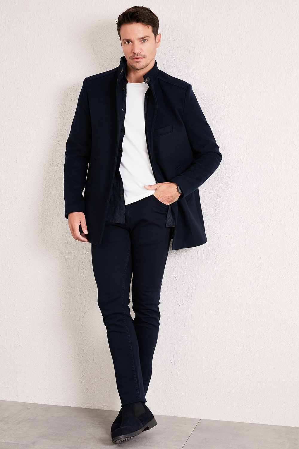 Slim Fit Pamuklu Kaşe Erkek Kaban 5841012 LACİVERT