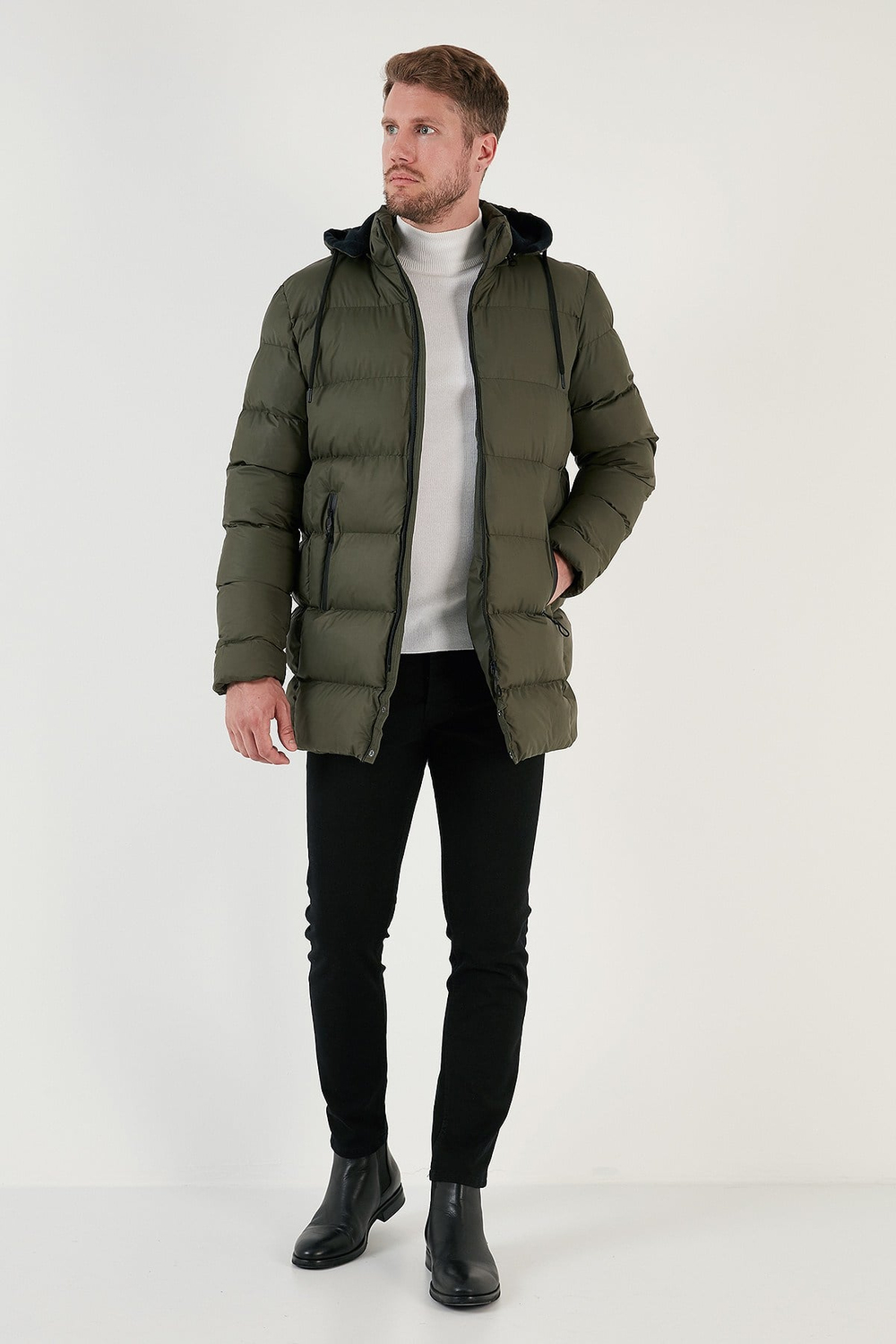 Slim Fit Suya ve Rüzgara Dayanıklı Çıkarılabilir Kapüşonlu Şişme Erkek Mont 649009 HAKİ