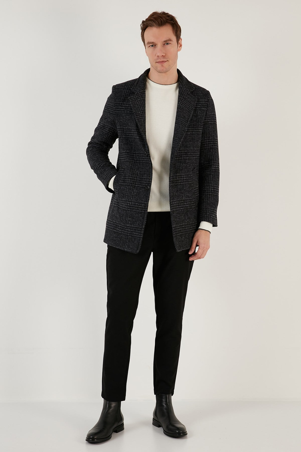 Slim Fit Tek Yırtmaçlı Düğmeli Astarlı Kaşe Erkek Kaban 5840110E Antrasit Ekoseli