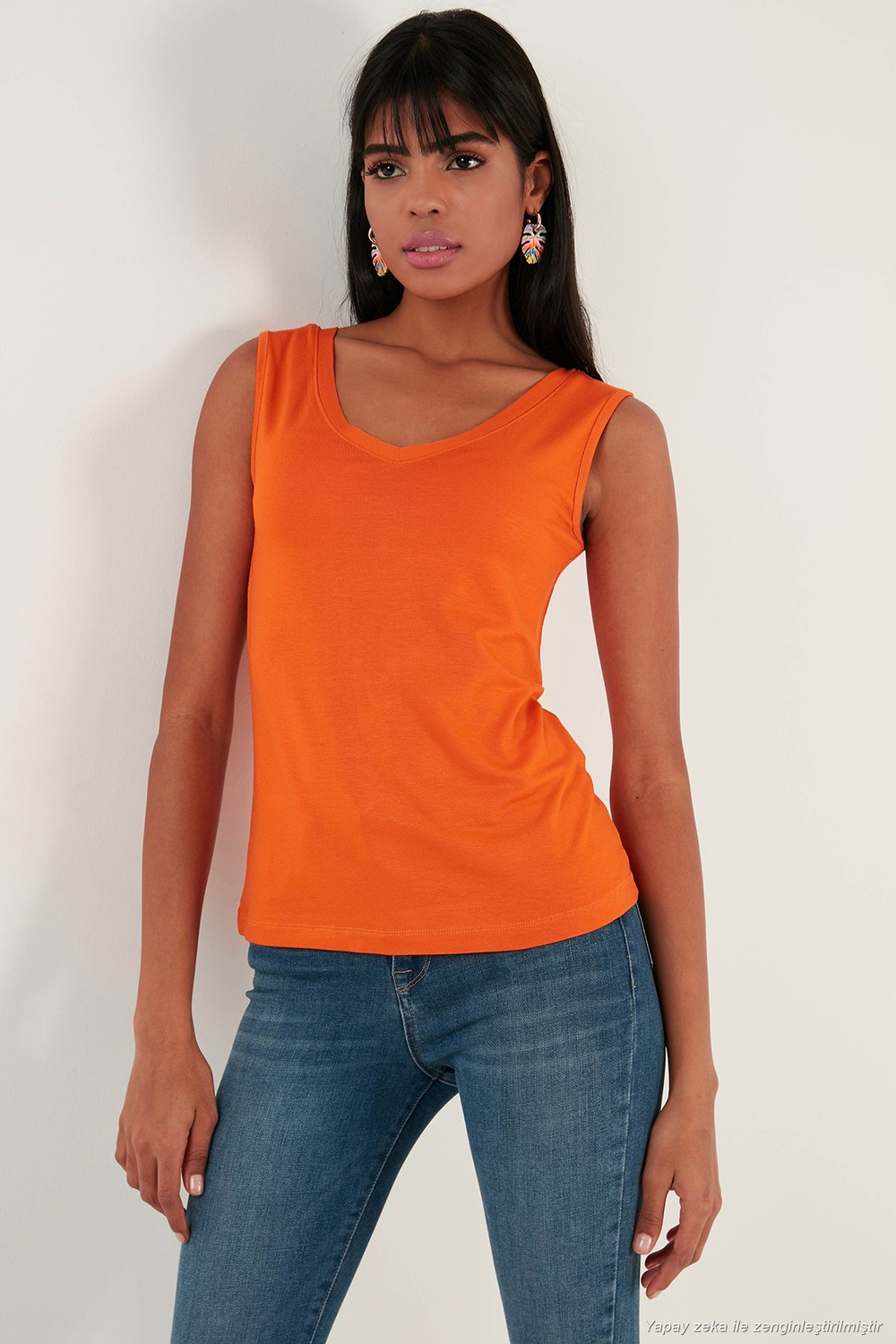 Slim Fit V Yaka Kalın Askılı 2 li Paket Kadın Bluz 5864384S2 SİYAH-ORANJ
