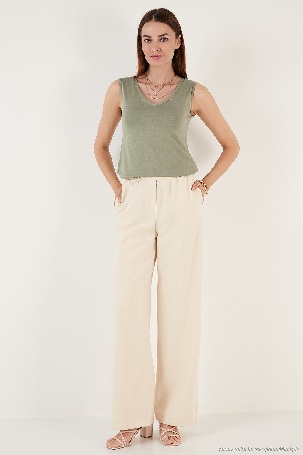 Slim Fit V Yaka Kalın Askılı 2 li Paket Kadın Bluz 5864384S2 Siyah-Olive