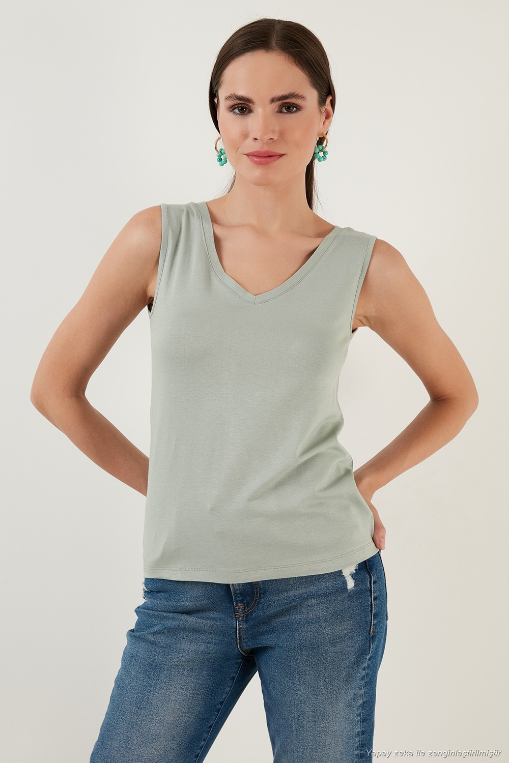 Slim Fit V Yaka Kalın Askılı 2 li Paket Kadın Bluz 5864384S2 EKRU-ÇAĞLA