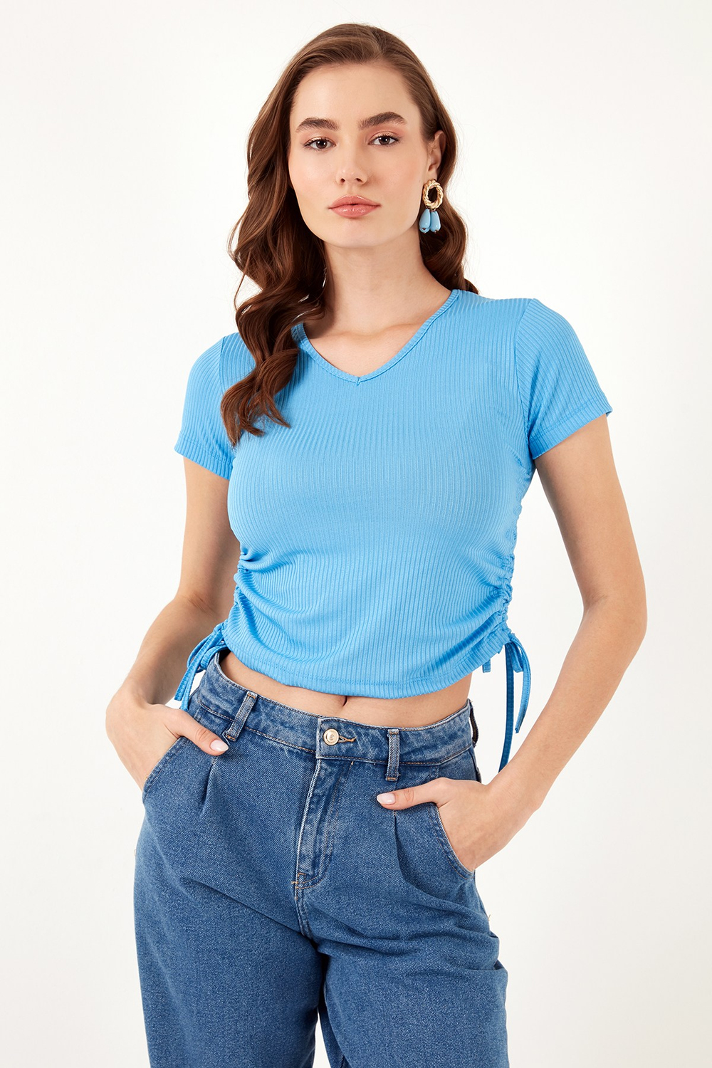 Slim Fit V Yaka Yanları Büzülebilir Kadın Bluz 5864011 MAVİ