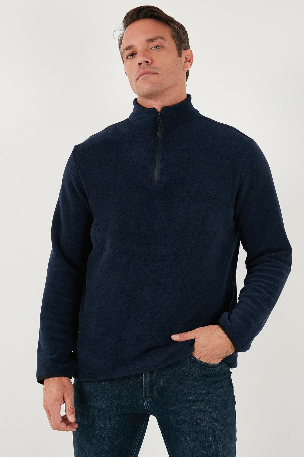 Slim Fit Yarım Fermuarlı Dik Yaka Soğuk Geçirmez Erkek Polar 5906003 LACİVERT
