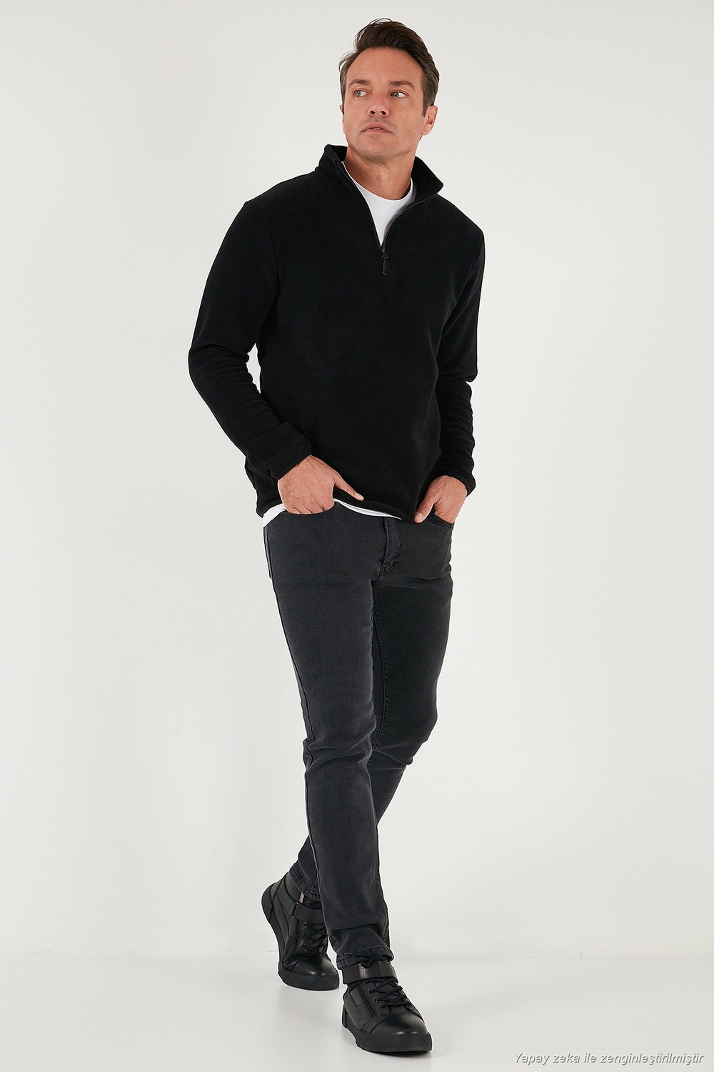 Slim Fit Yarım Fermuarlı Dik Yaka Soğuk Geçirmez 2li Paket Erkek Polar 5906003S2 HAKİ-SİYAH